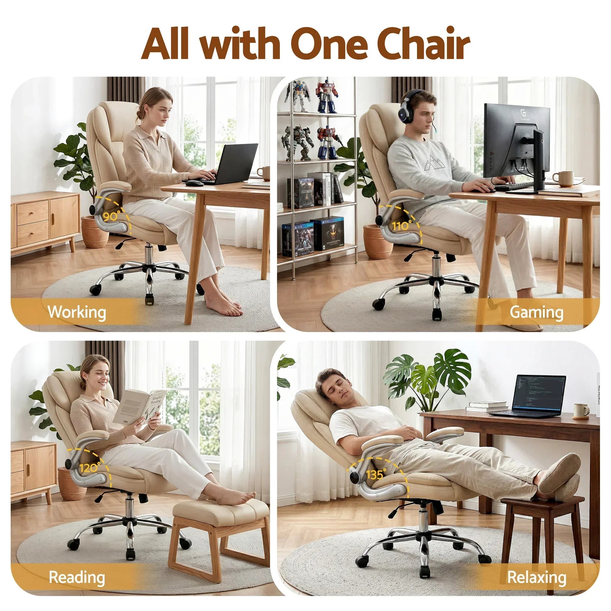 Artiss Kea Executive Office Chair – PU Leather, Lumbar Support, Retractable Arms Beige