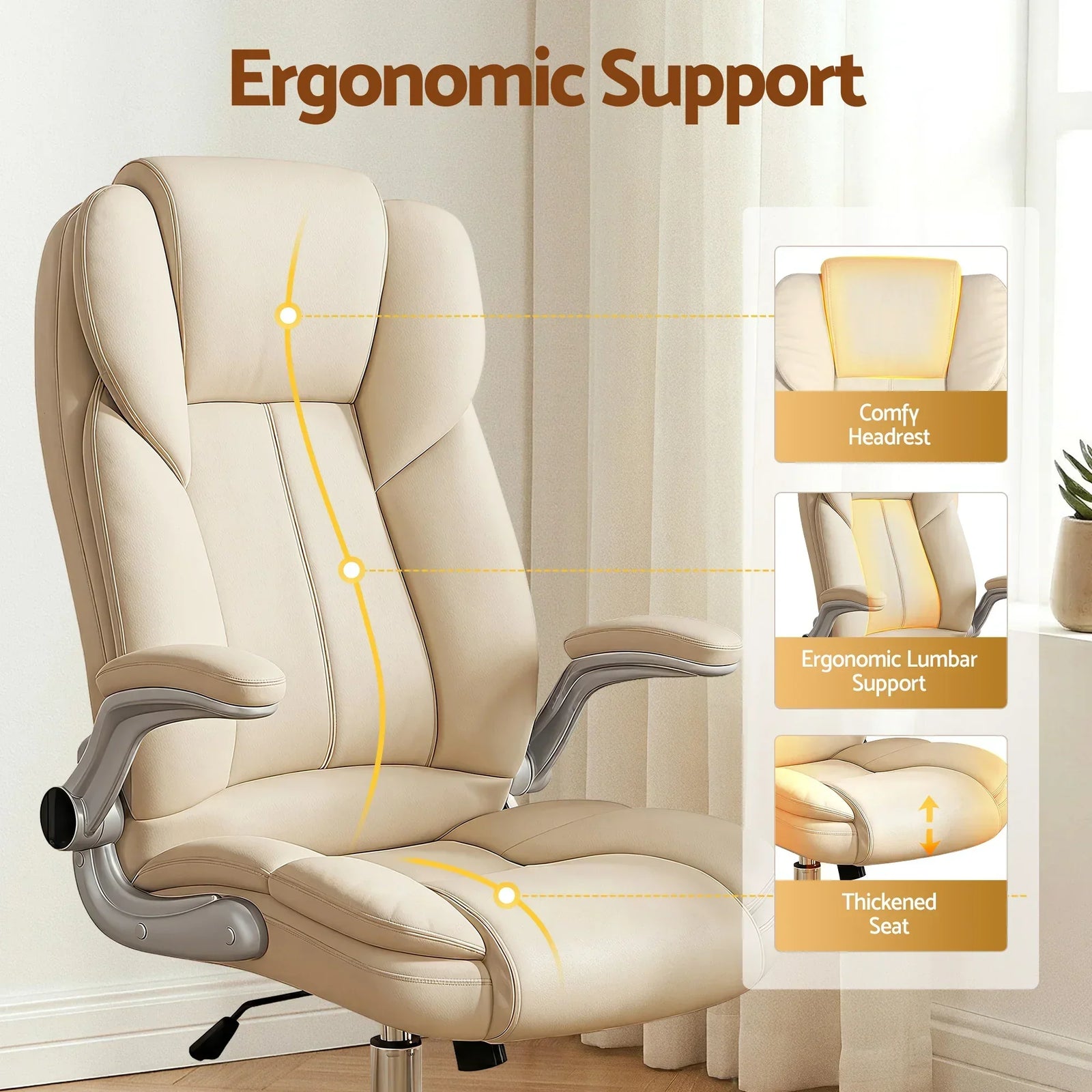 Artiss Kea Executive Office Chair – PU Leather, Lumbar Support, Retractable Arms Beige