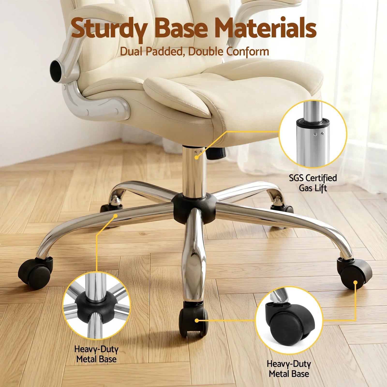 Artiss Kea Executive Office Chair – PU Leather, Lumbar Support, Retractable Arms Beige