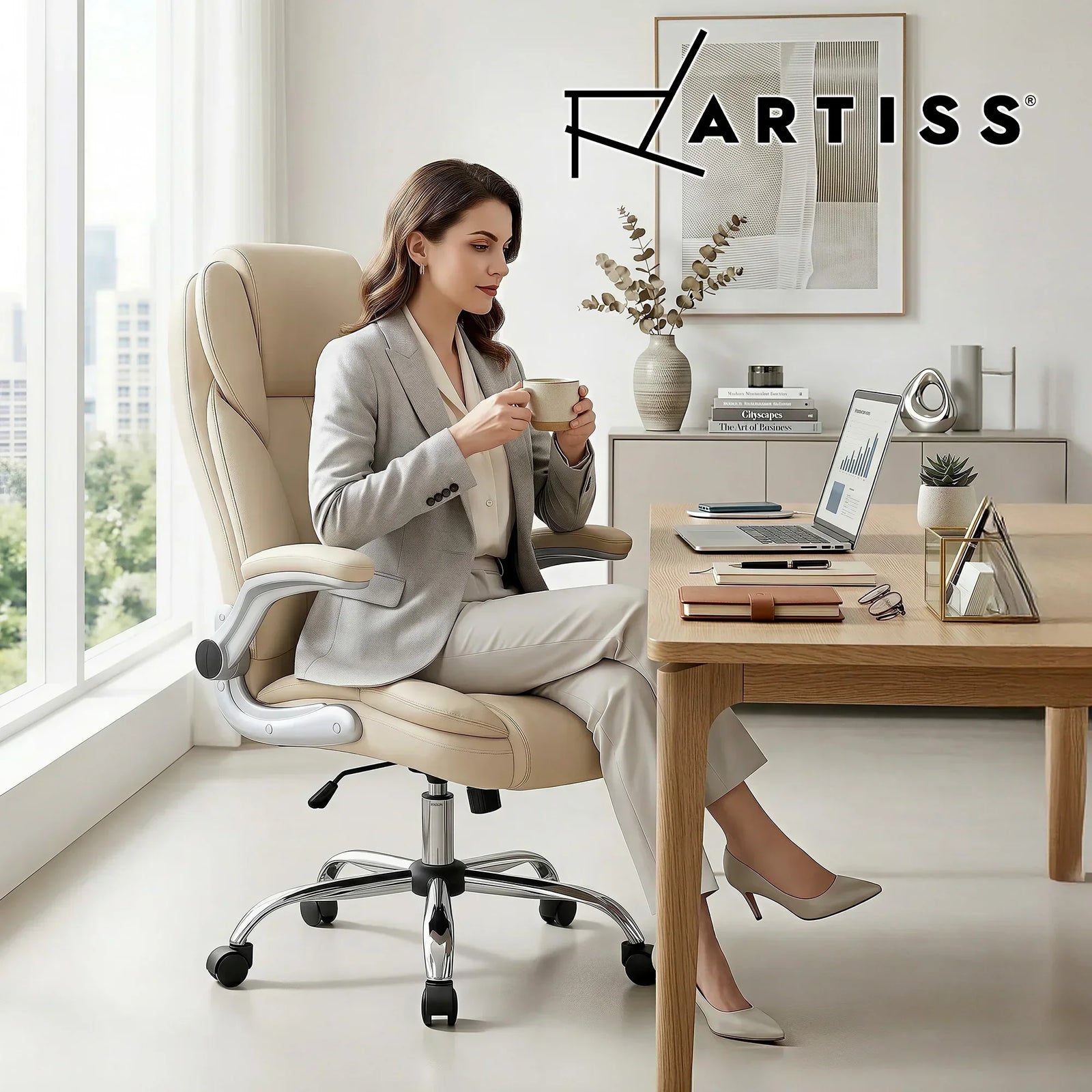 Artiss Kea Executive Office Chair – PU Leather, Lumbar Support, Retractable Arms Beige