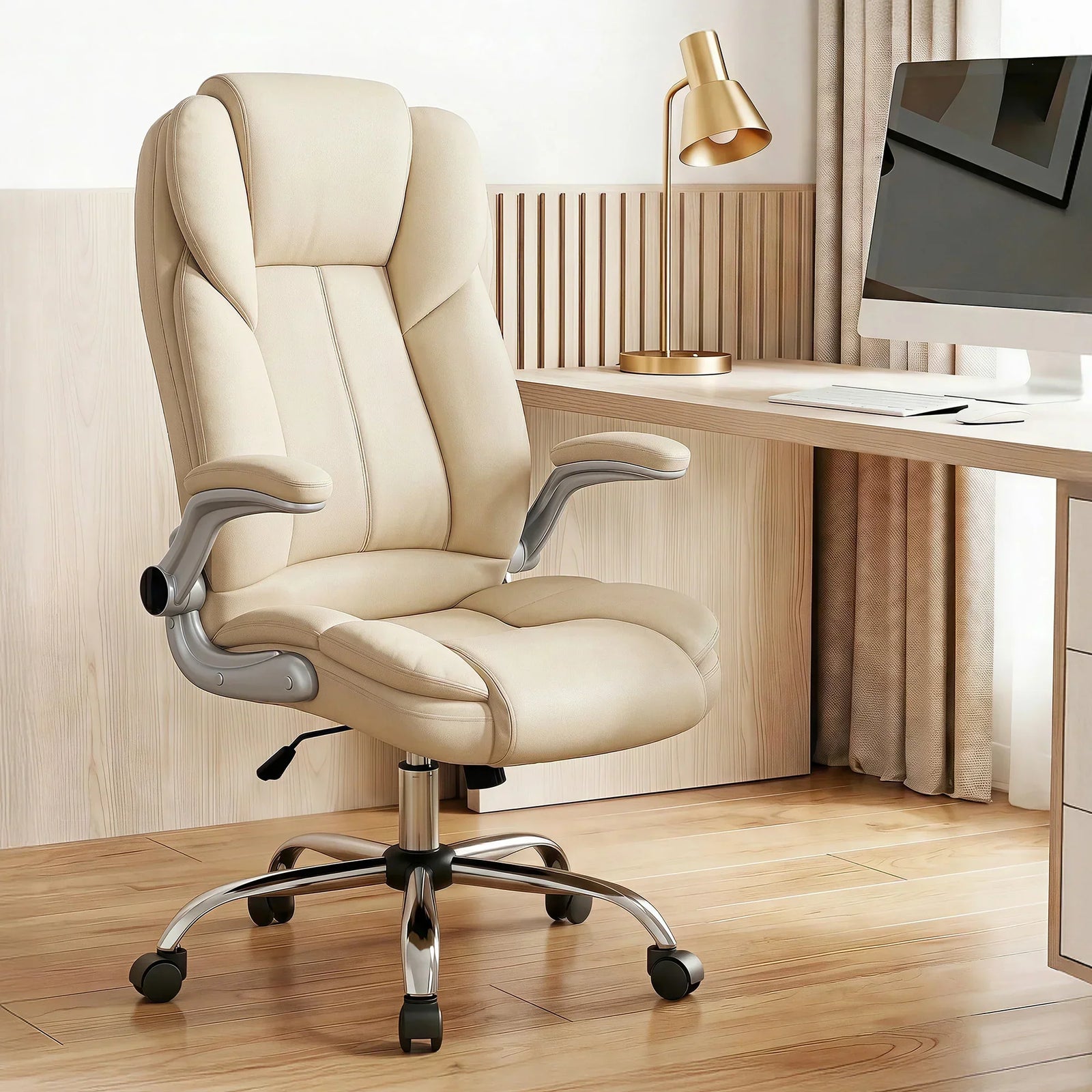 Artiss Kea Executive Office Chair – PU Leather, Lumbar Support, Retractable Arms Beige