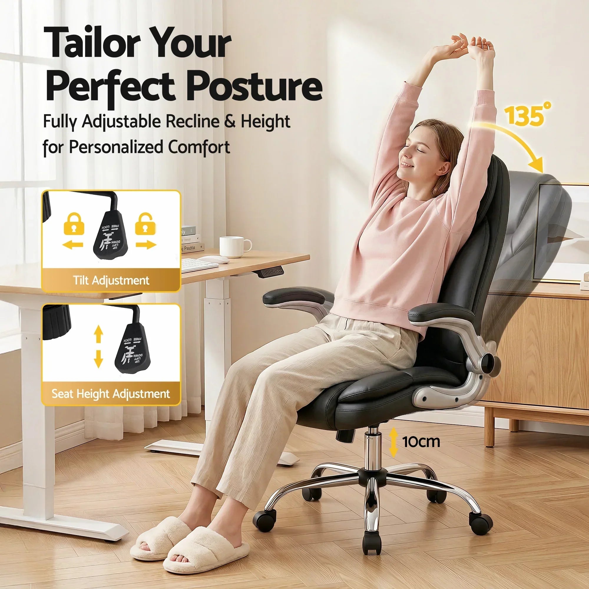 Kea Executive Office Chair – PU Leather, Lumbar Support, Retractable Arms Black