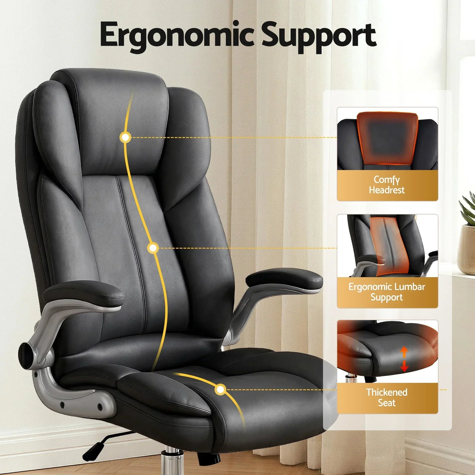 Kea Executive Office Chair – PU Leather, Lumbar Support, Retractable Arms Black