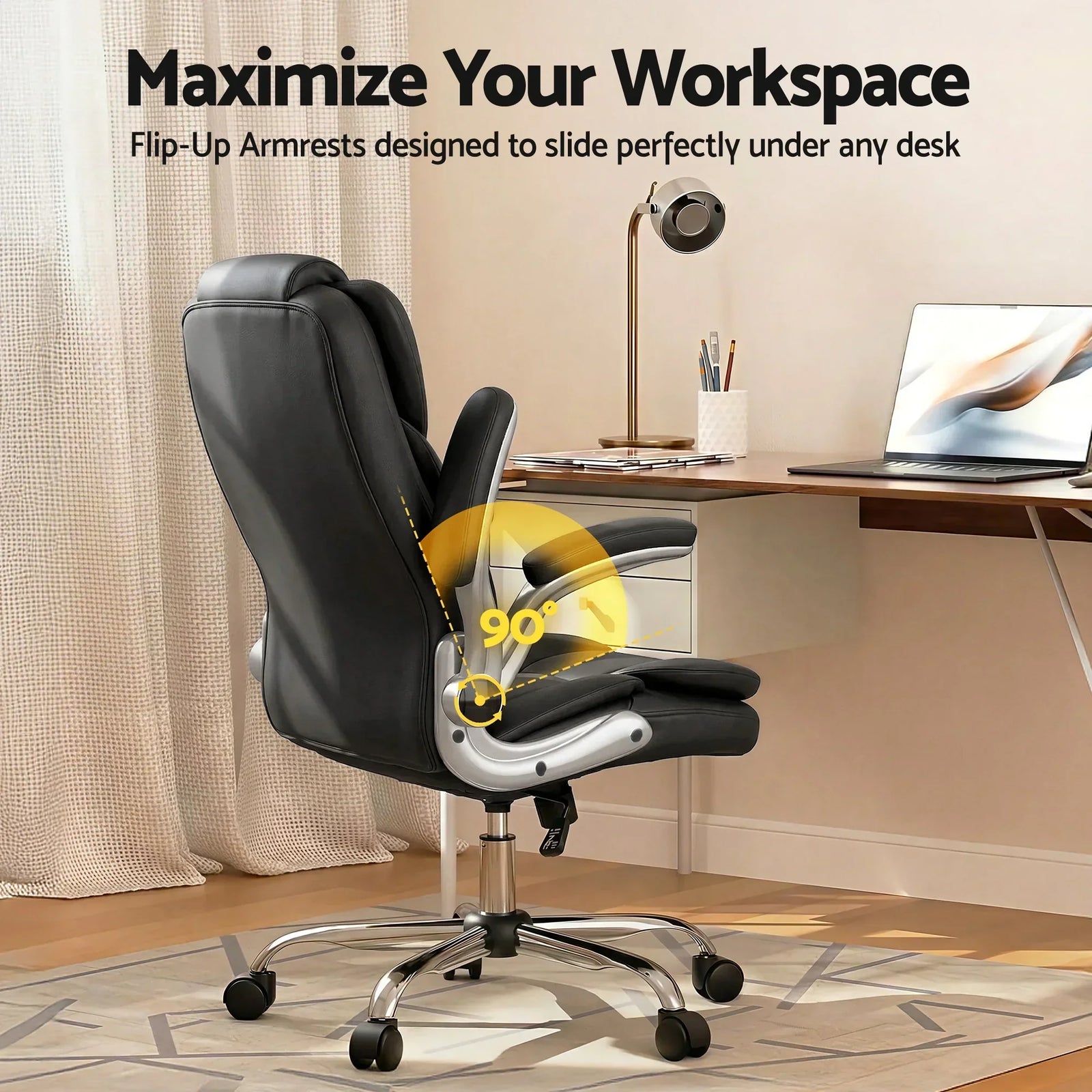 Kea Executive Office Chair – PU Leather, Lumbar Support, Retractable Arms Black