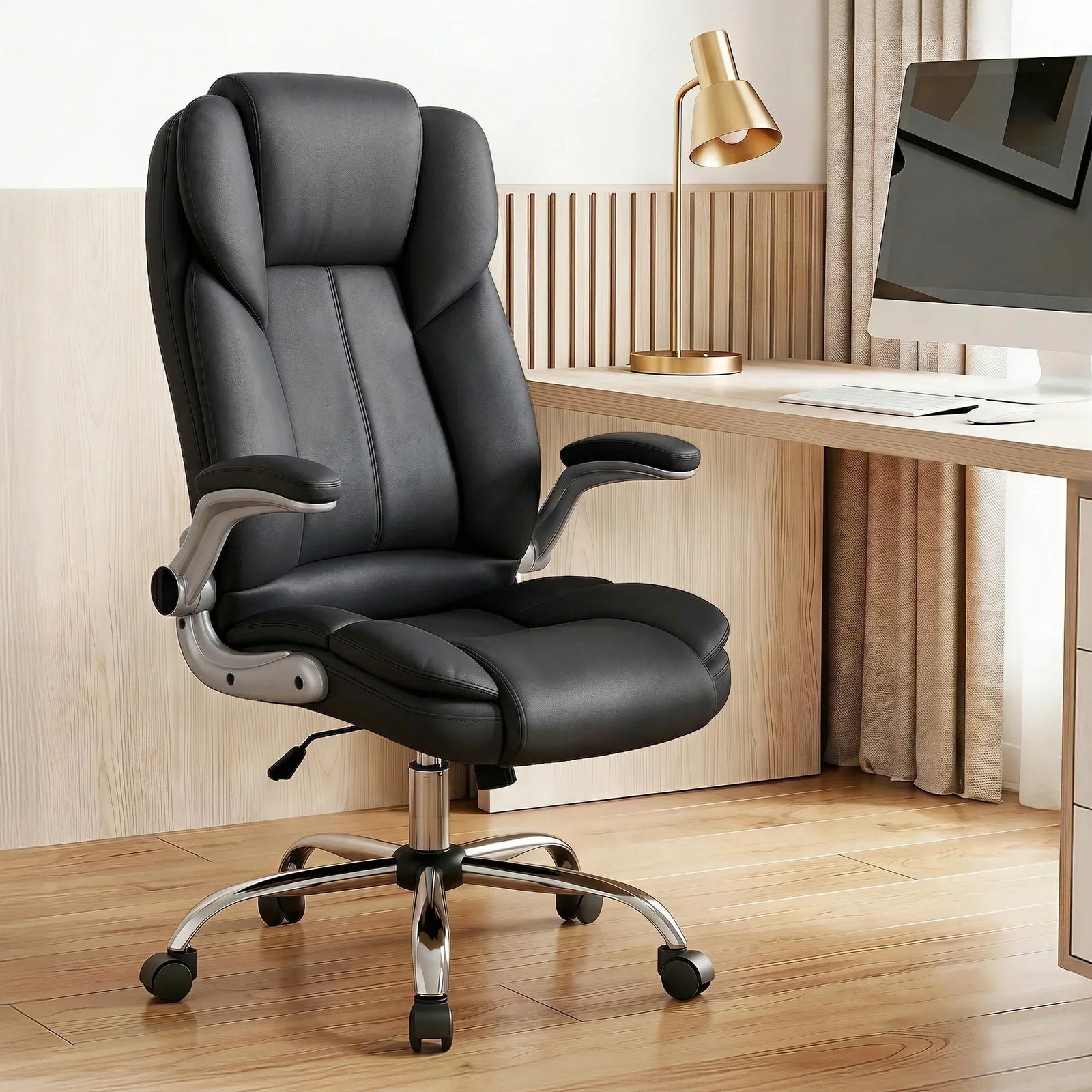 Kea Executive Office Chair – PU Leather, Lumbar Support, Retractable Arms Black