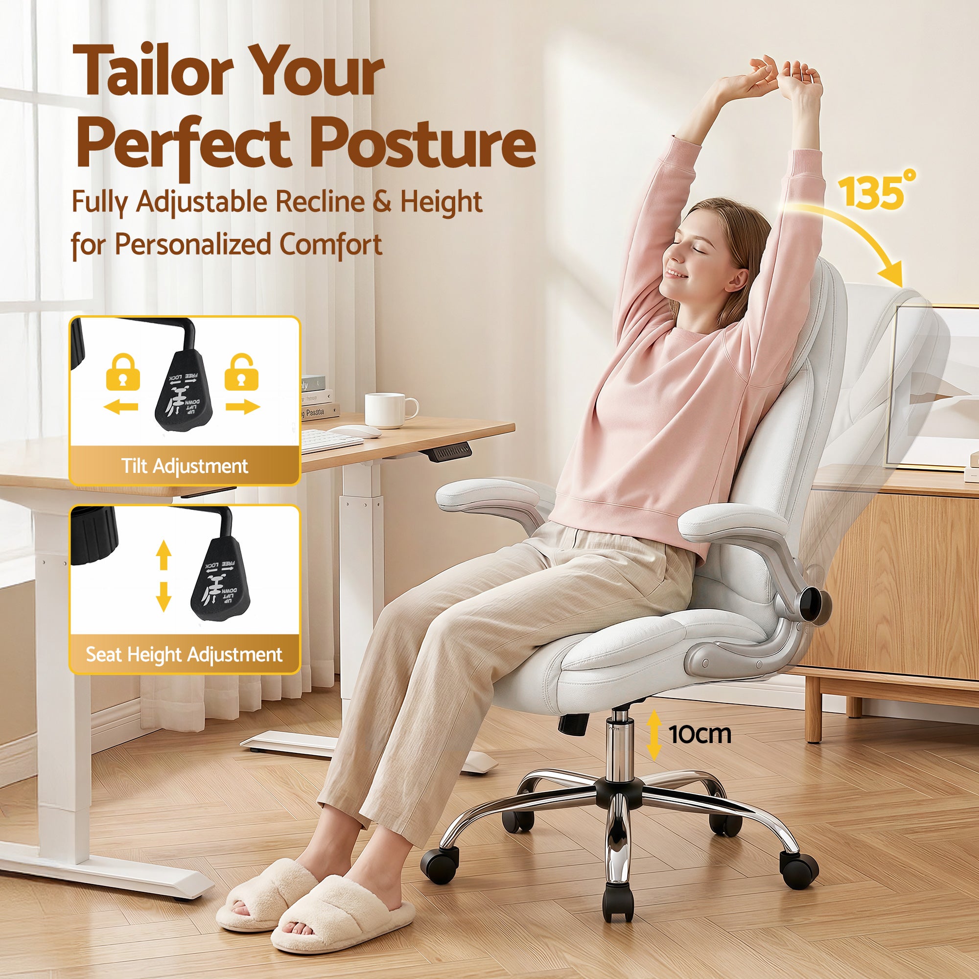 Artiss Kea Executive Office Chair – PU Leather, Lumbar Support, Retractable Arms White