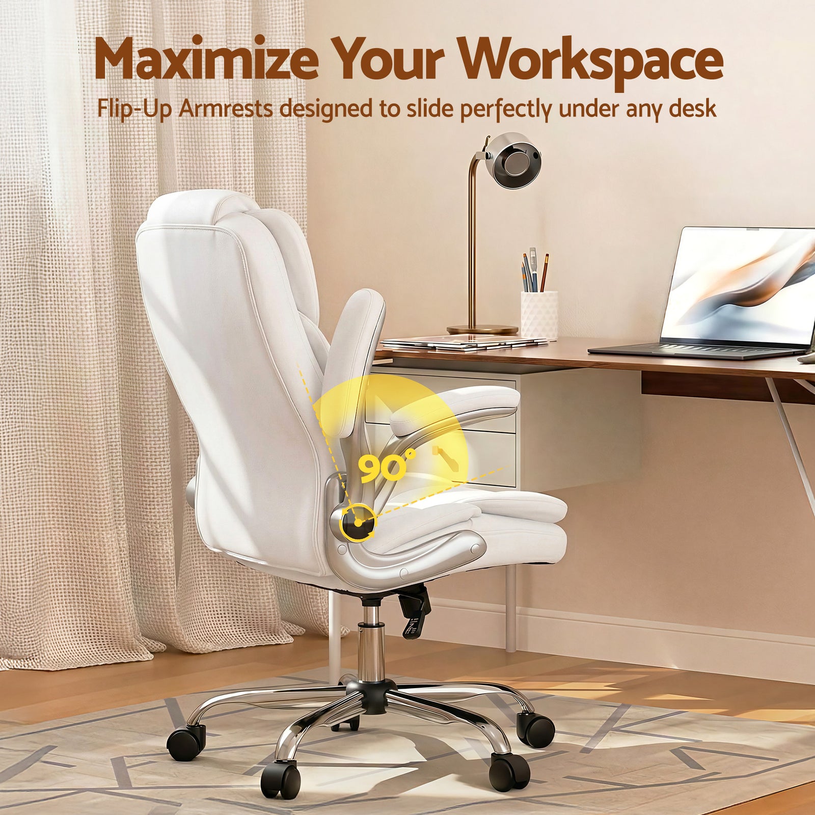 Artiss Kea Executive Office Chair – PU Leather, Lumbar Support, Retractable Arms White