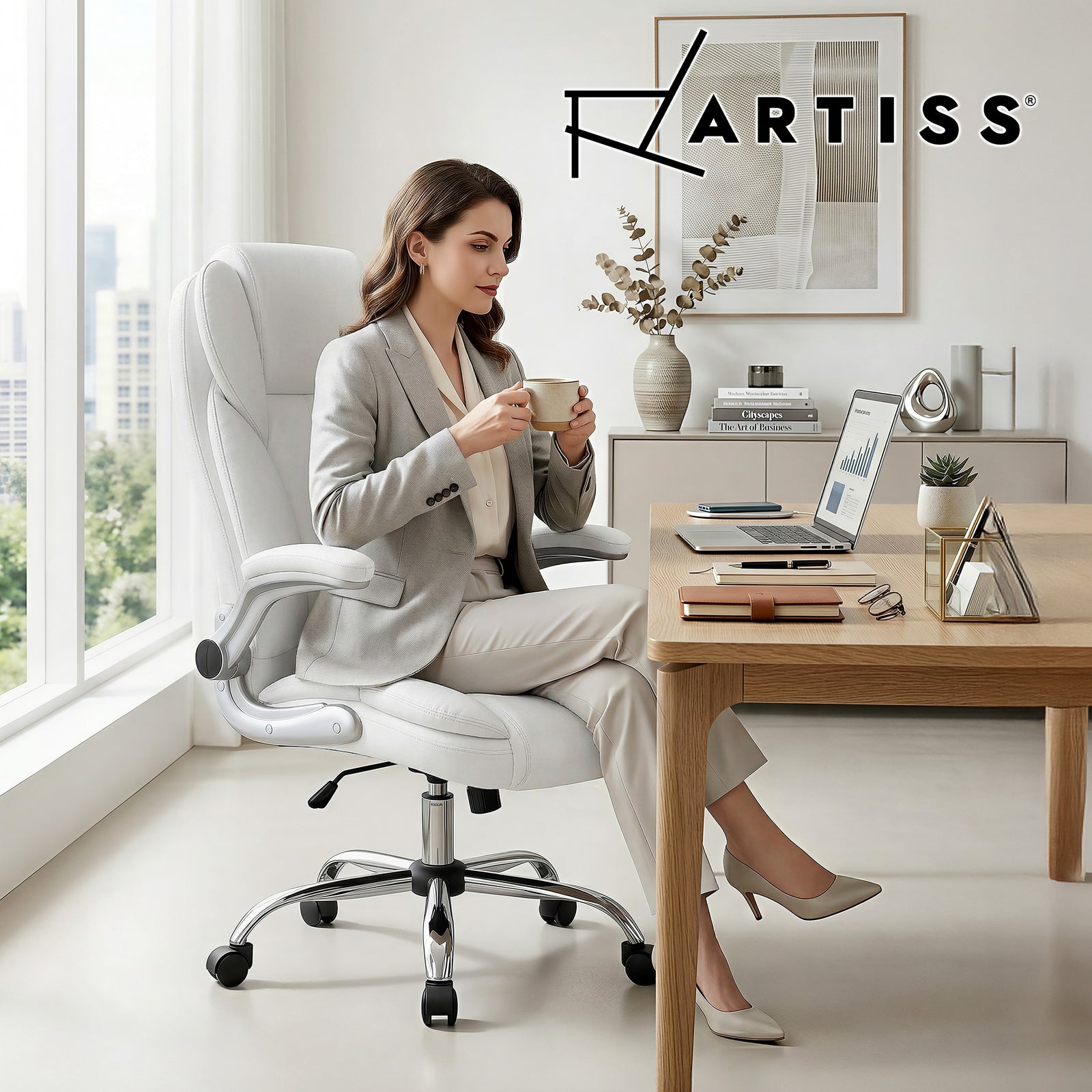 Artiss Kea Executive Office Chair – PU Leather, Lumbar Support, Retractable Arms White