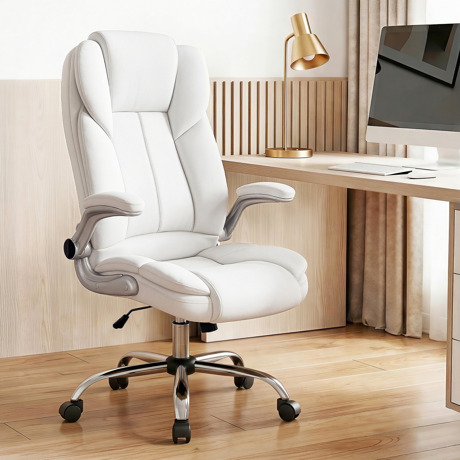 Artiss Kea Executive Office Chair – PU Leather, Lumbar Support, Retractable Arms White
