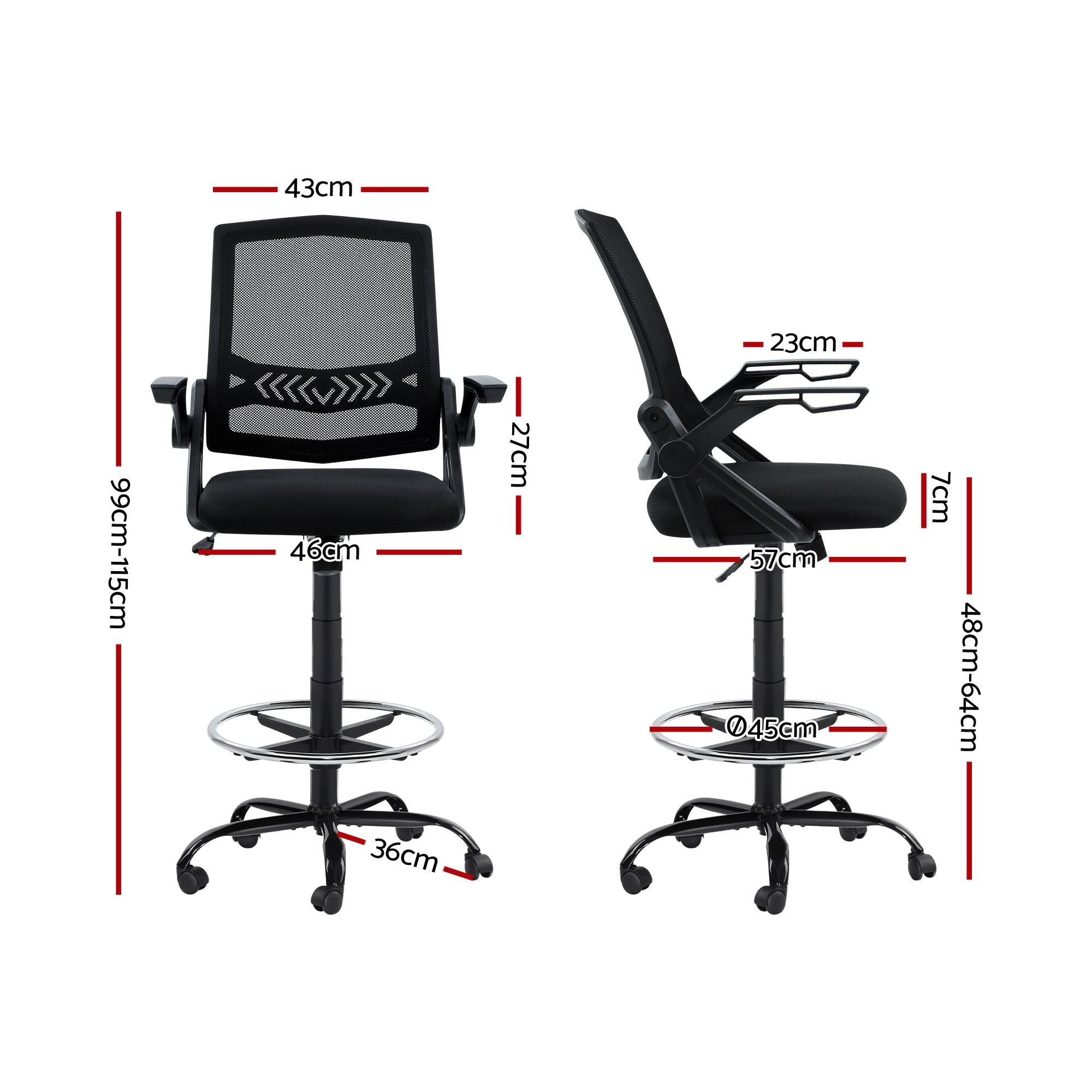 Mesh Drafting Chair Adjustable Swivel Office Stool with Footrest Black