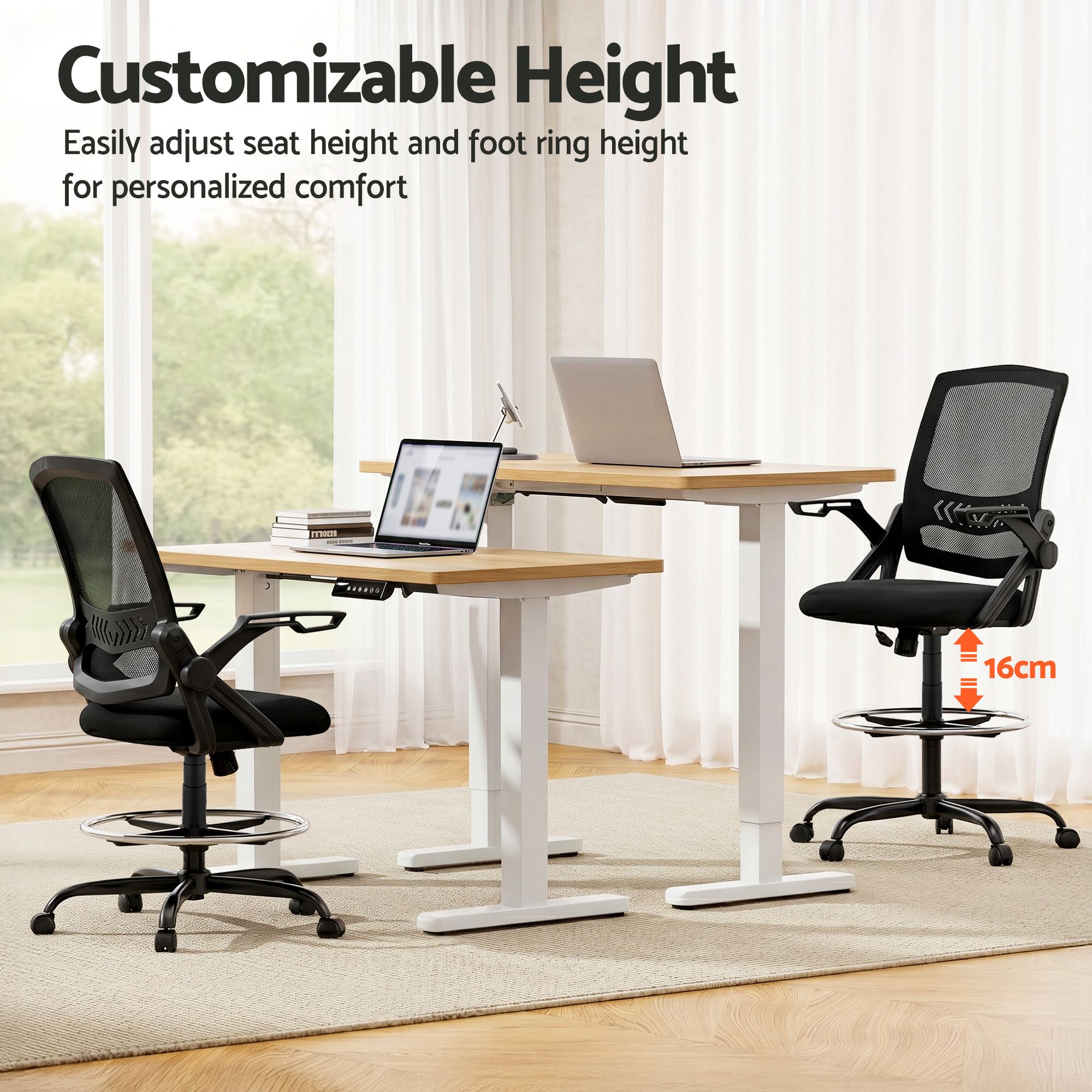 Mesh Drafting Chair Adjustable Swivel Office Stool with Footrest Black
