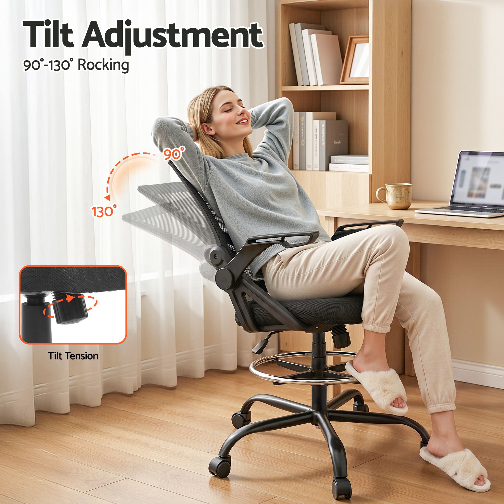 Mesh Drafting Chair Adjustable Swivel Office Stool with Footrest Black