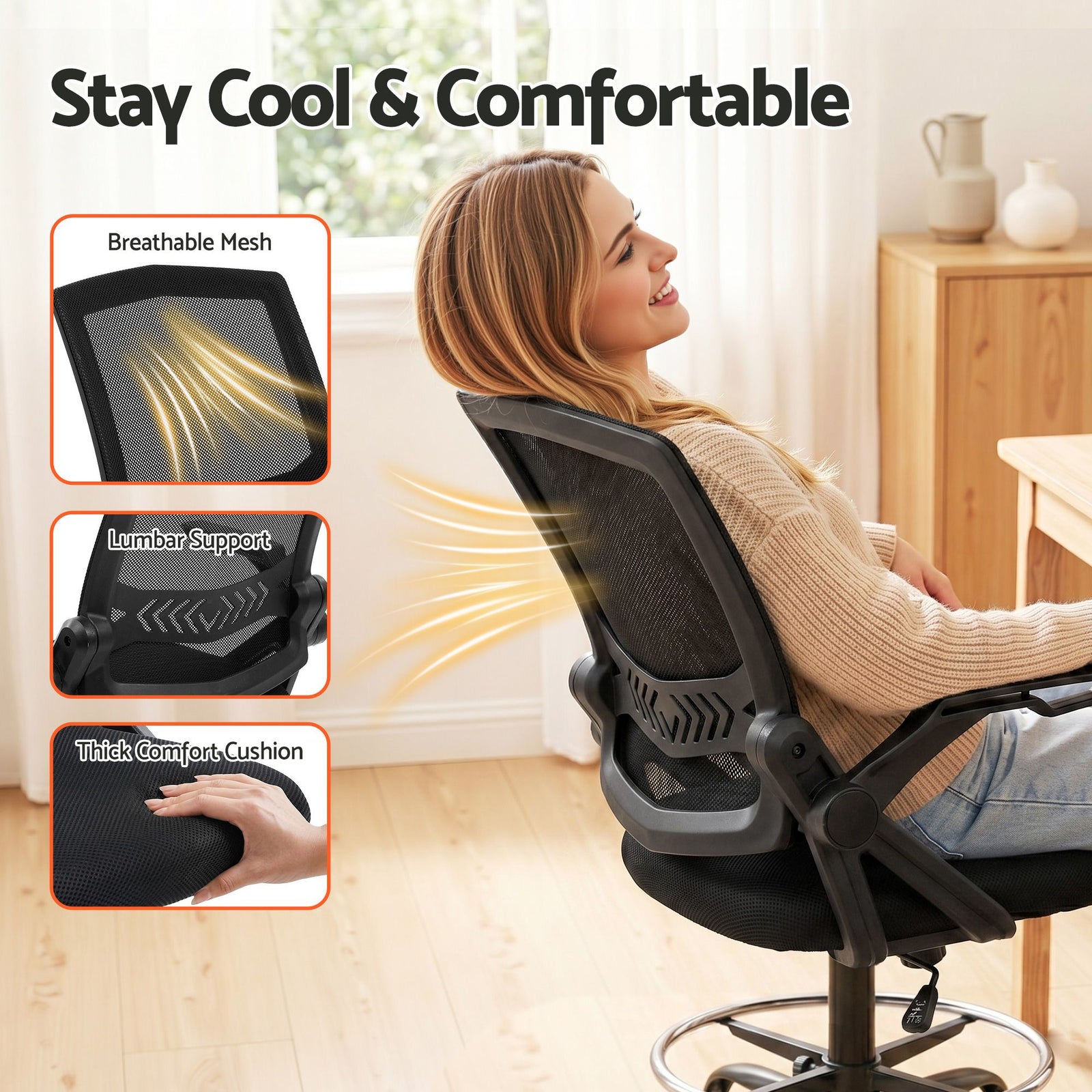 Artiss Mesh Drafting Chair Adjustable Swivel Office Stool with Footrest Black