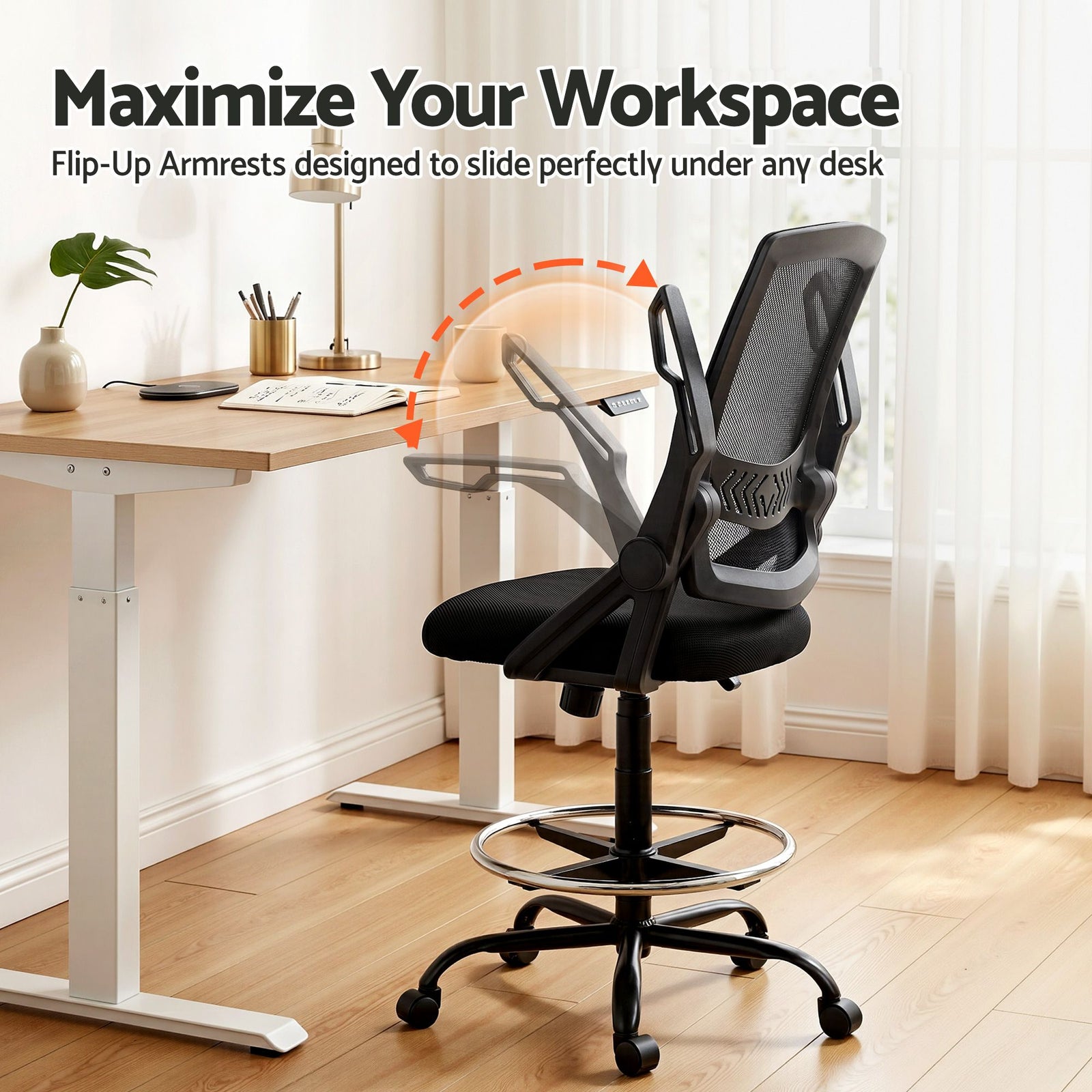 Artiss Mesh Drafting Chair Adjustable Swivel Office Stool with Footrest Black