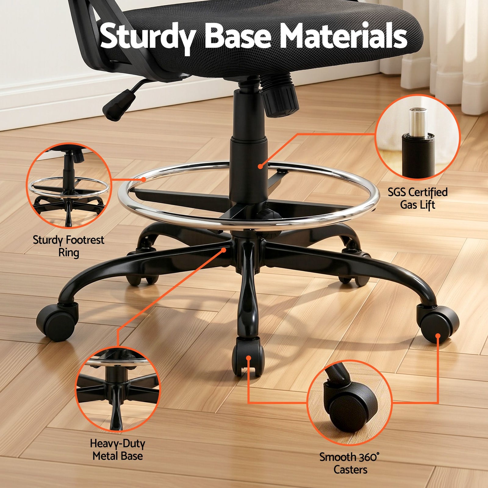 Artiss Mesh Drafting Chair Adjustable Swivel Office Stool with Footrest Black