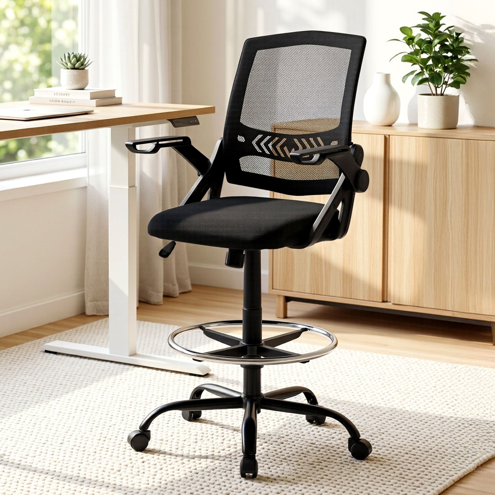 Artiss Mesh Drafting Chair Adjustable Swivel Office Stool with Footrest Black