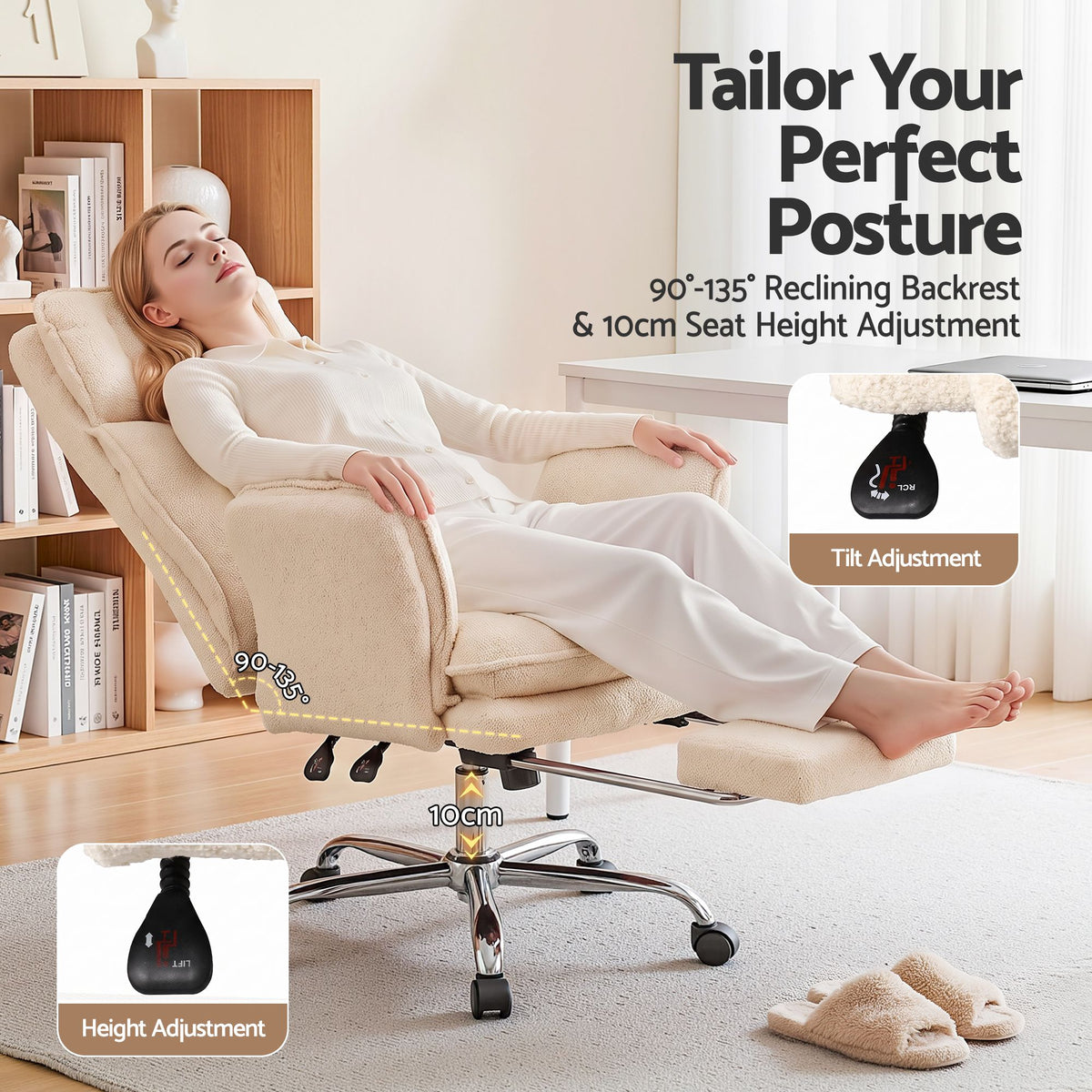 Artiss Big & Tall Criss Cross Office Chair with Flip Armrests Foot Rest Reclining Teddy Fleece Beige