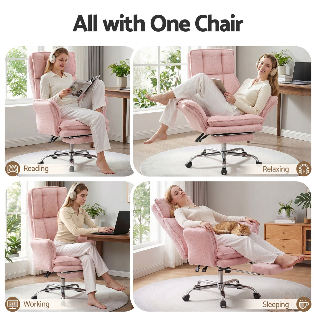 Artiss Big & Tall Criss Cross Office Chair with Flip Armrests Foot Rest Reclining Teddy Fleece Pink