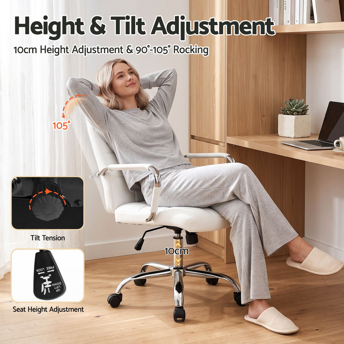 Office Chair PU Leather Ergonomic Desk Chair with Armrests White
