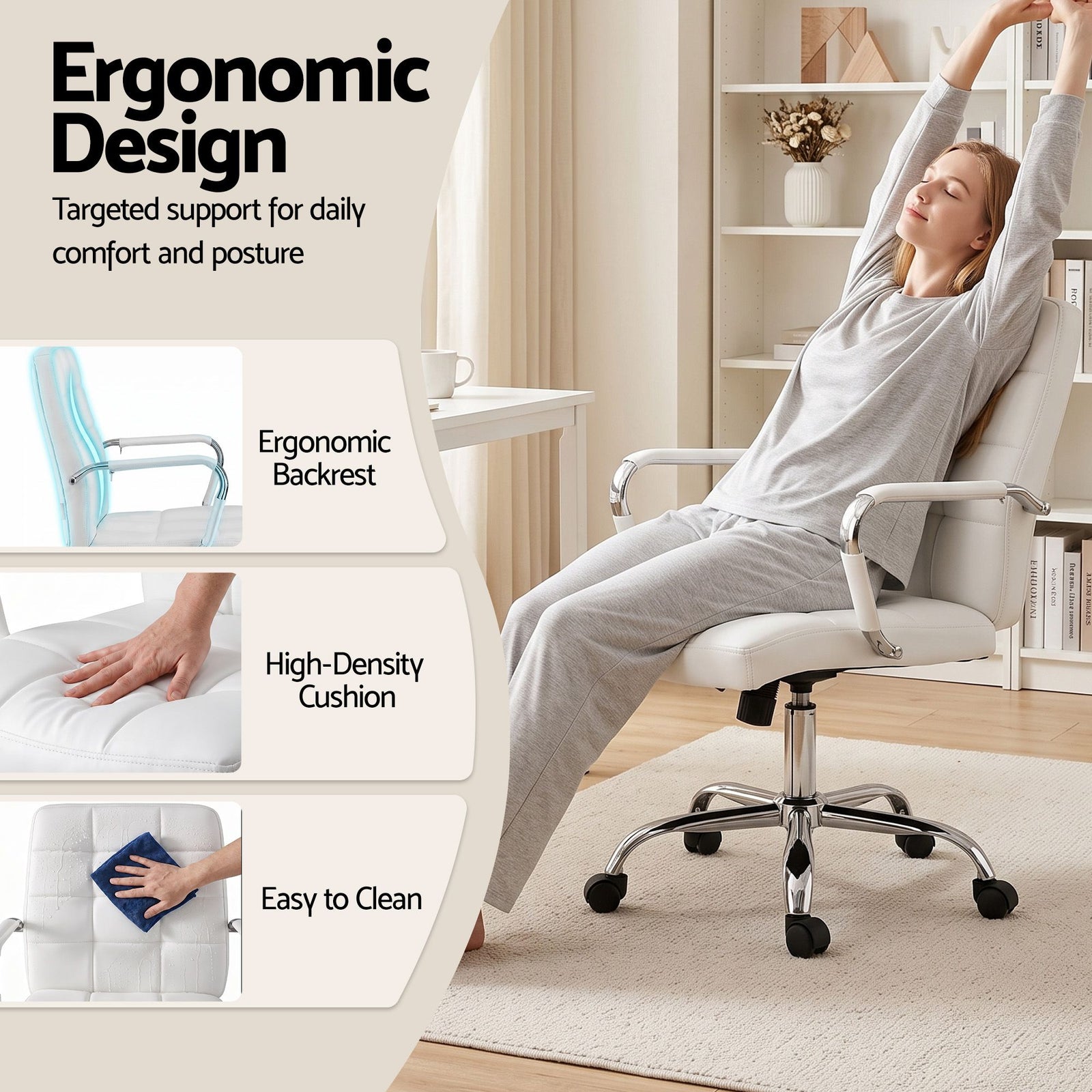 Office Chair PU Leather Ergonomic Desk Chair with Armrests White