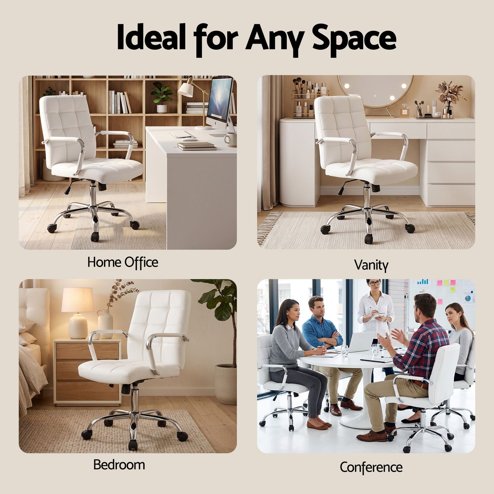 Office Chair PU Leather Ergonomic Desk Chair with Armrests White