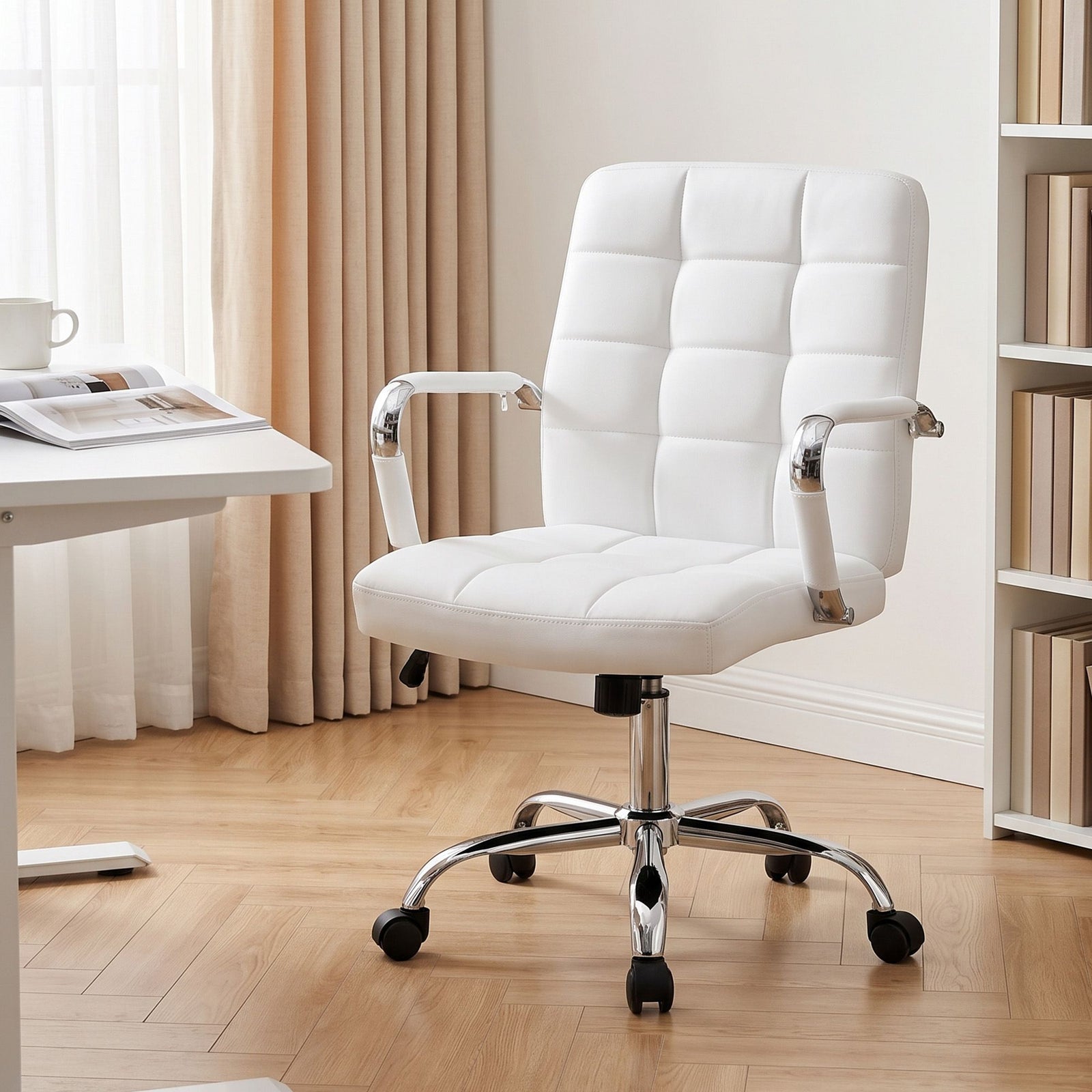 Office Chair PU Leather Ergonomic Desk Chair with Armrests White