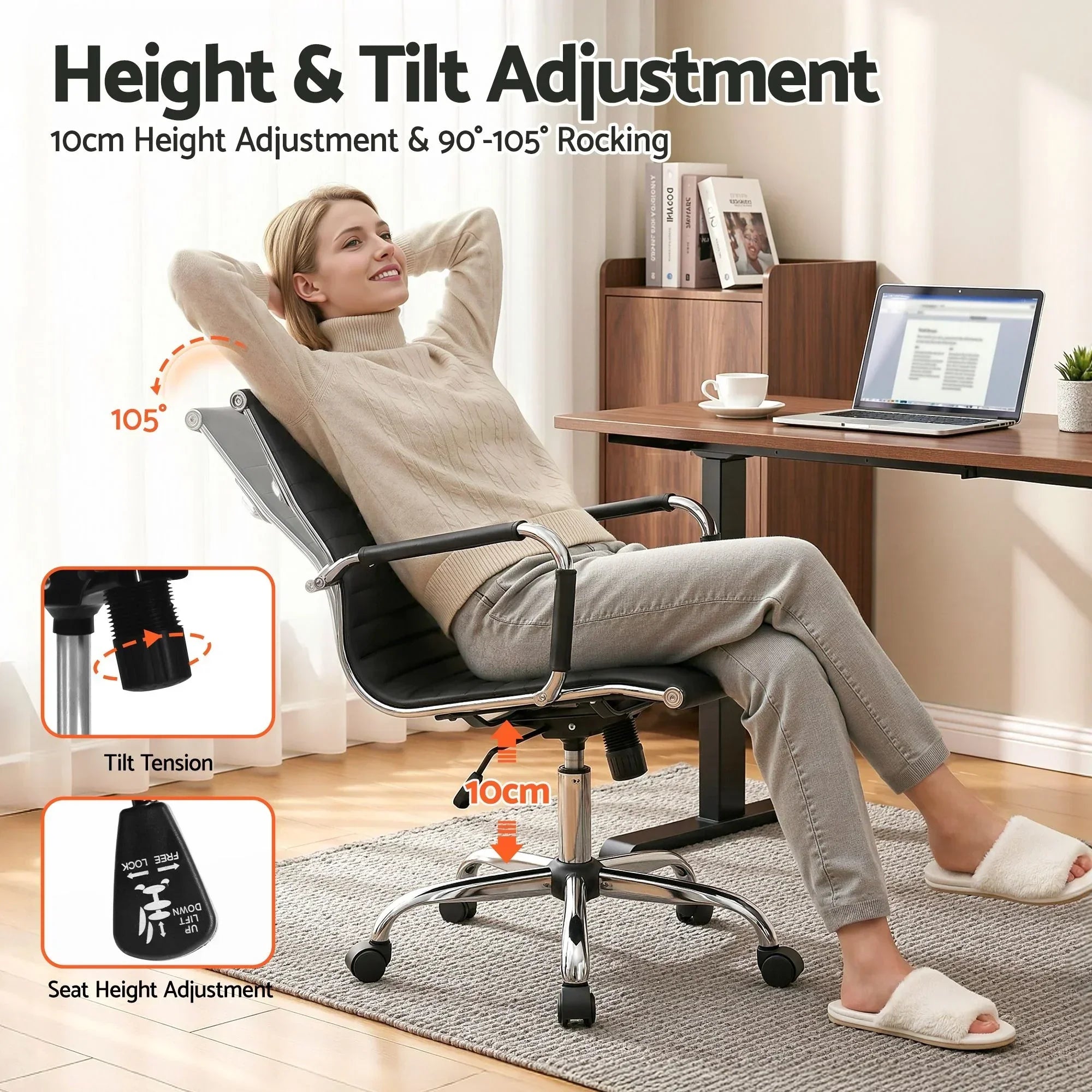 Mid Back PU Leather Office Chair 360° Swivel Adjustable Chrome Base