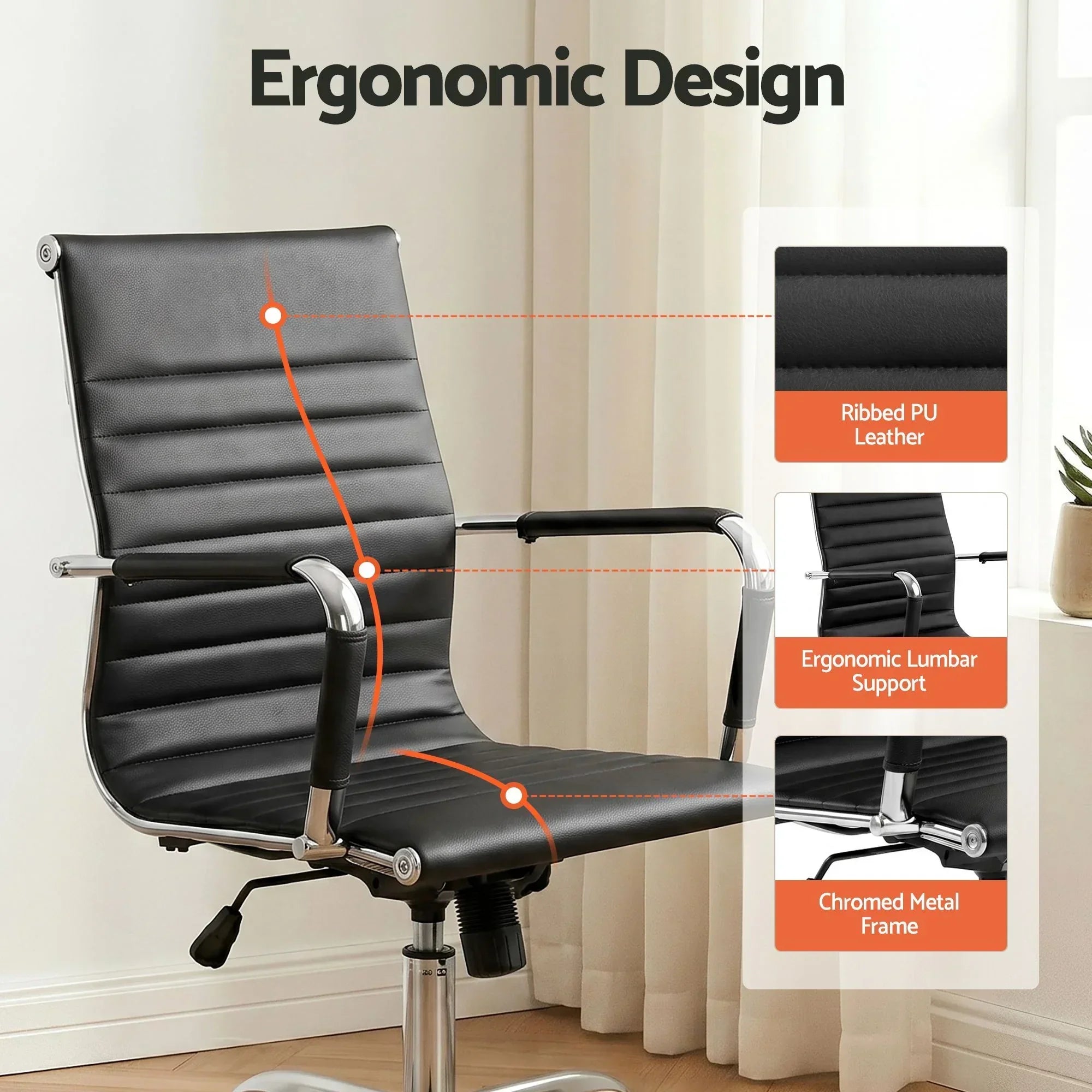 Mid Back PU Leather Office Chair 360° Swivel Adjustable Chrome Base