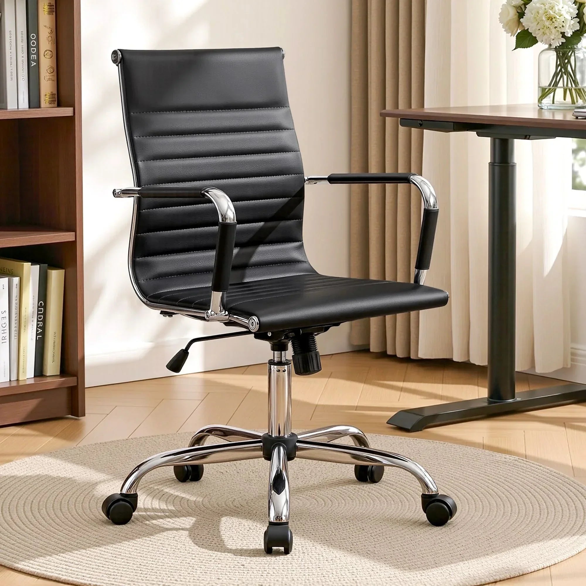 Mid Back PU Leather Office Chair 360° Swivel Adjustable Chrome Base