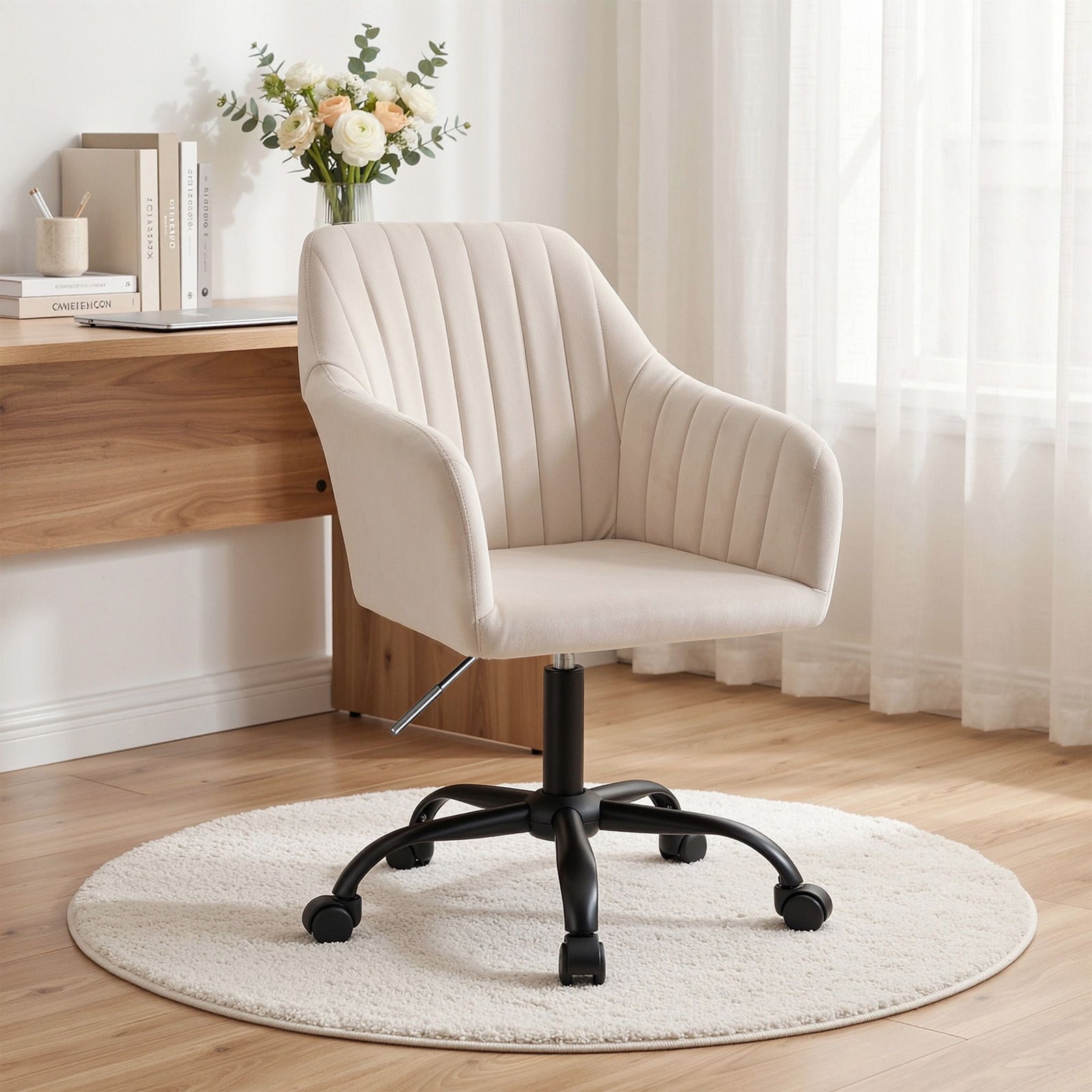 Artiss Velvet Office Chair Cream Swivel Adjustable Desk Chair