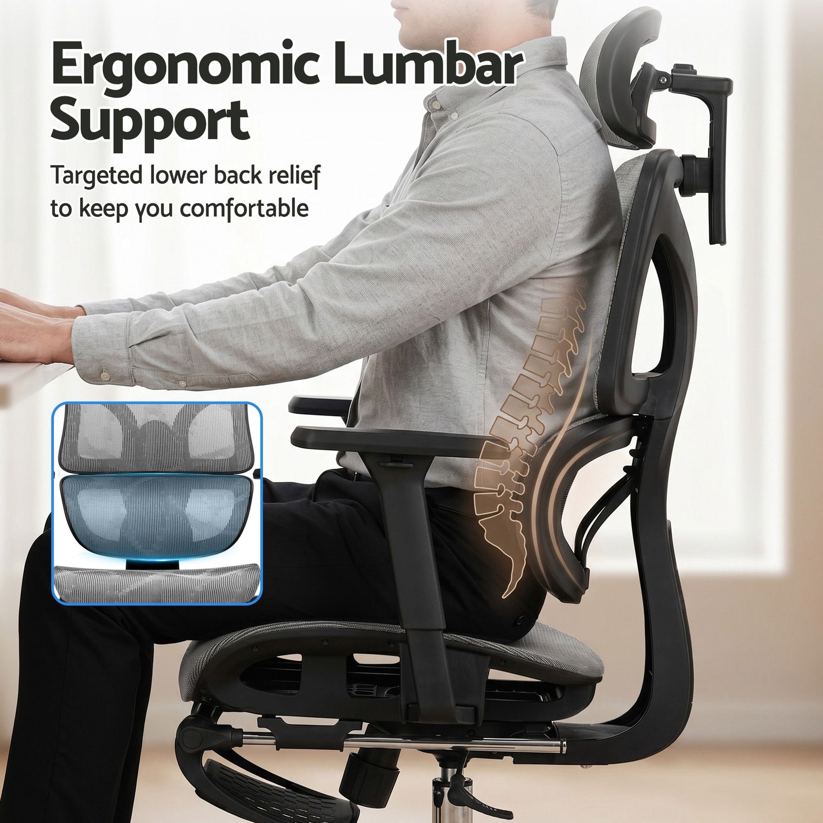 Artiss Ergonomic Office Chair with Footrest Mesh Reclining Grey