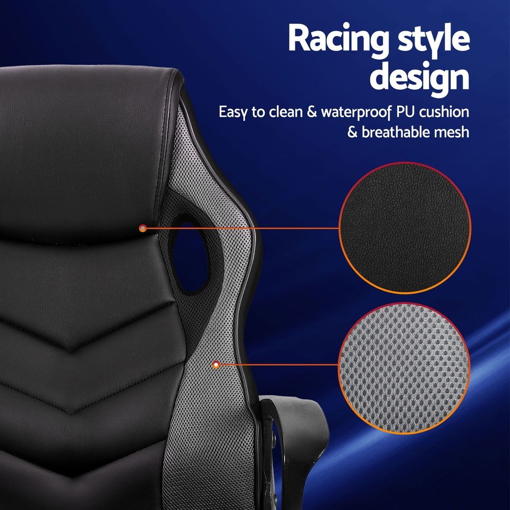 Artiss Gaming Chair – PU Leather & Mesh, High‑Back, Tilt, 360° Swivel, Grey