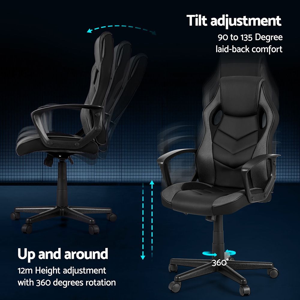 Gaming Chair – PU Leather & Mesh, High‑Back, Tilt, 360° Swivel, Grey