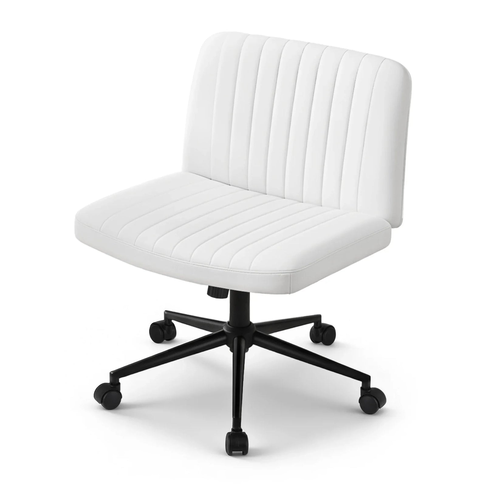 Criss Cross Chair with Wheels Wide Cross Legged Office Desk Vanity Chair PU Leather, Armless Height Adjustable Swivel Home Office Chair for Home Computer Task, White