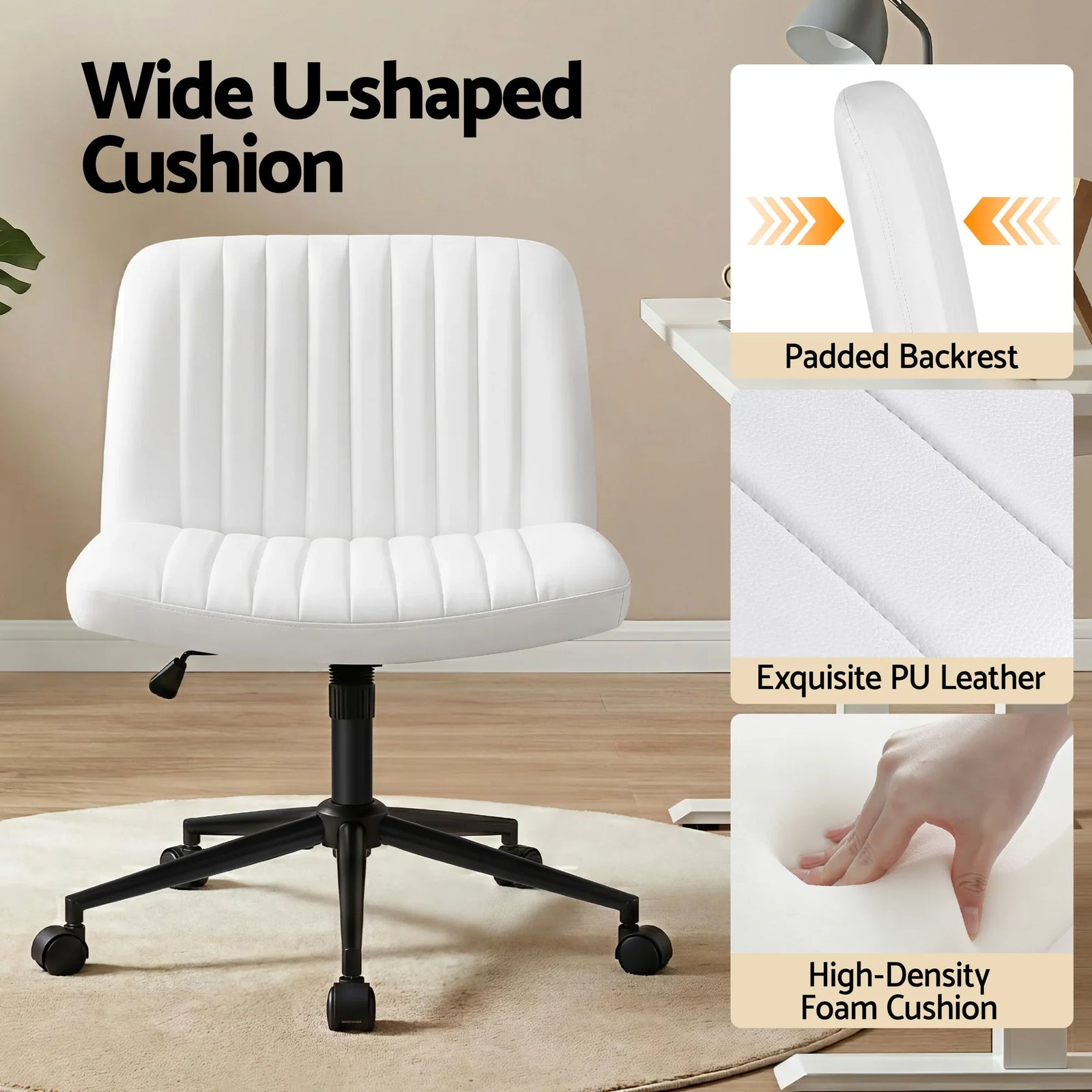 Criss Cross Chair with Wheels Wide Cross Legged Office Desk Vanity Chair PU Leather, Armless Height Adjustable Swivel Home Office Chair for Home Computer Task, White
