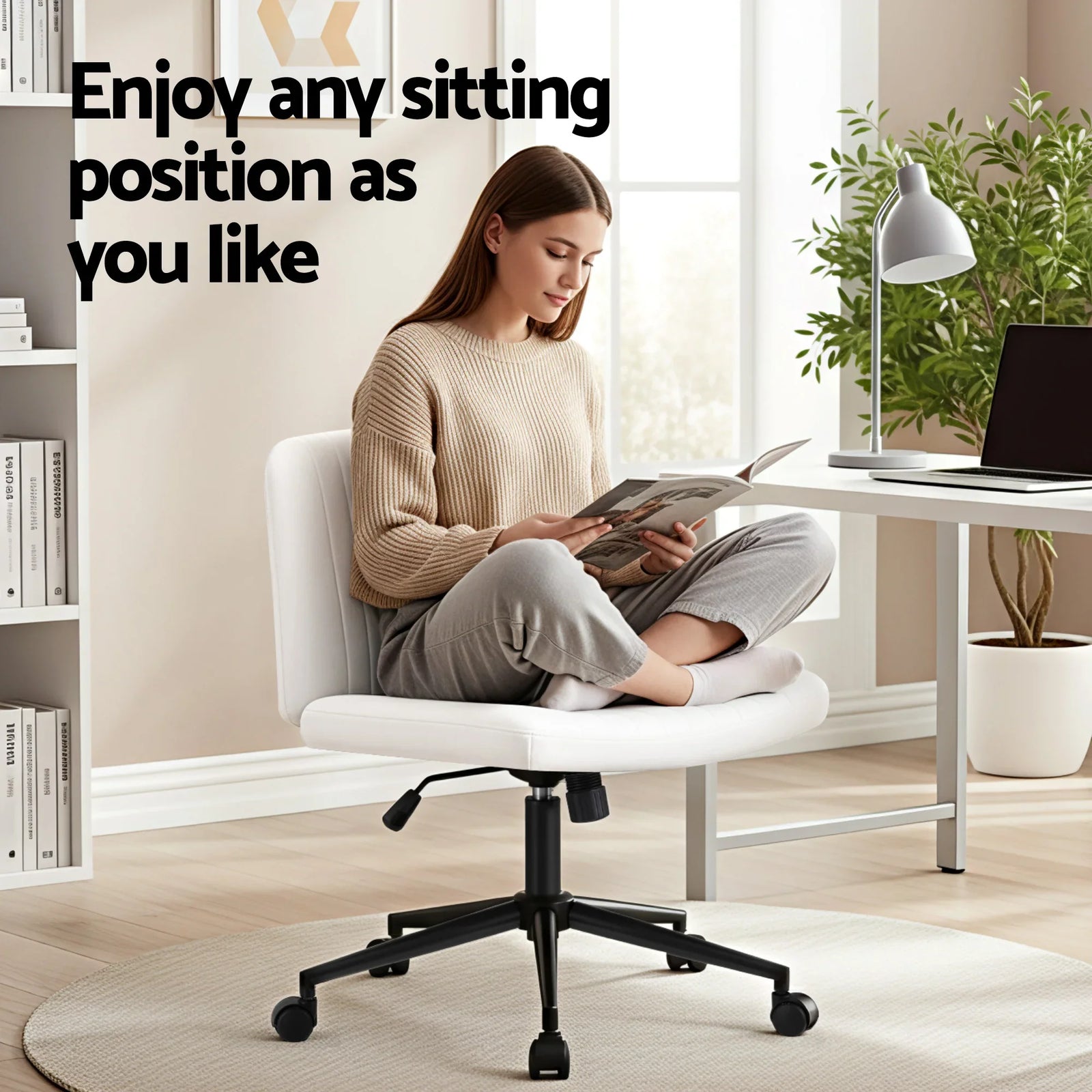 Criss Cross Chair with Wheels Wide Cross Legged Office Desk Vanity Chair PU Leather, Armless Height Adjustable Swivel Home Office Chair for Home Computer Task, White