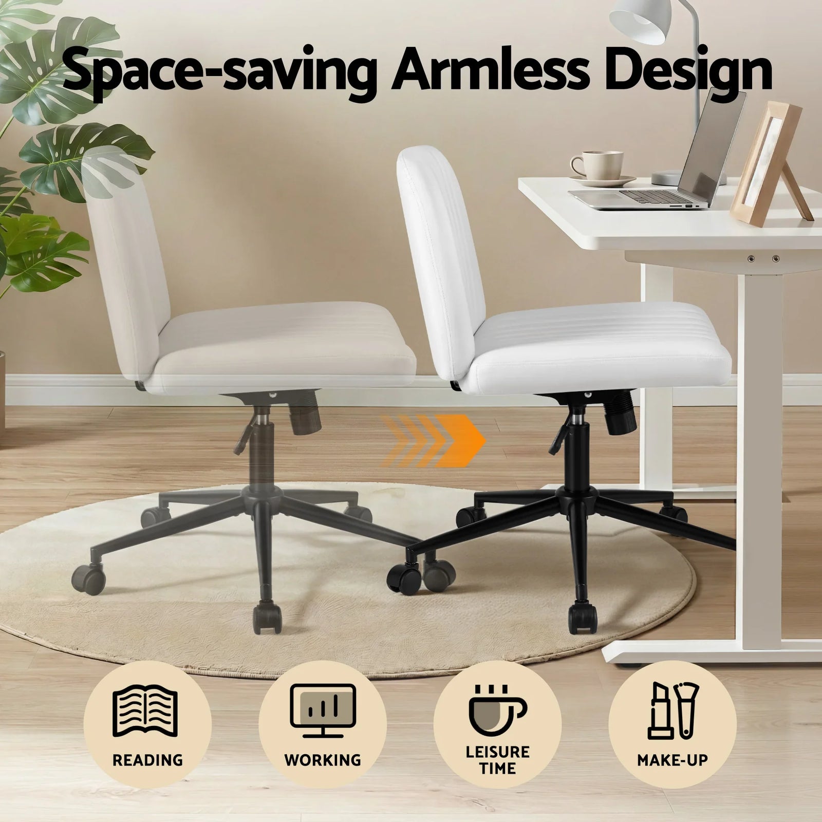 Criss Cross Chair with Wheels Wide Cross Legged Office Desk Vanity Chair PU Leather, Armless Height Adjustable Swivel Home Office Chair for Home Computer Task, White