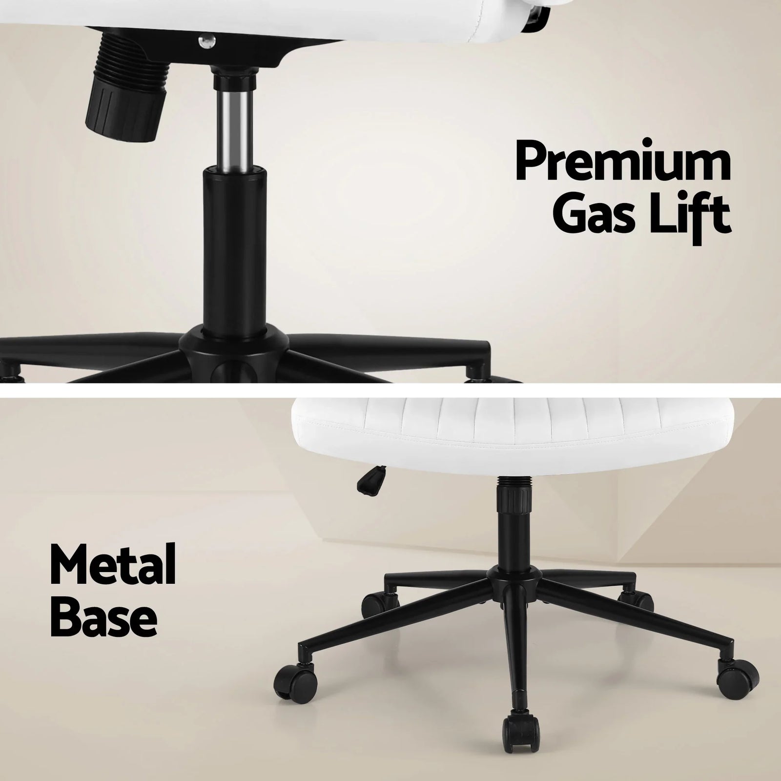 Criss Cross Chair with Wheels Wide Cross Legged Office Desk Vanity Chair PU Leather, Armless Height Adjustable Swivel Home Office Chair for Home Computer Task, White