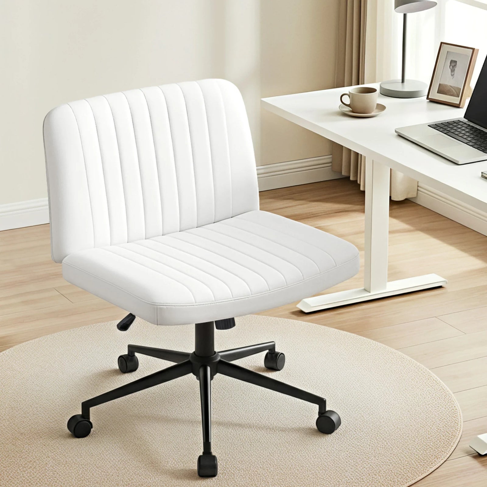 Criss Cross Chair with Wheels Wide Cross Legged Office Desk Vanity Chair PU Leather, Armless Height Adjustable Swivel Home Office Chair for Home Computer Task, White
