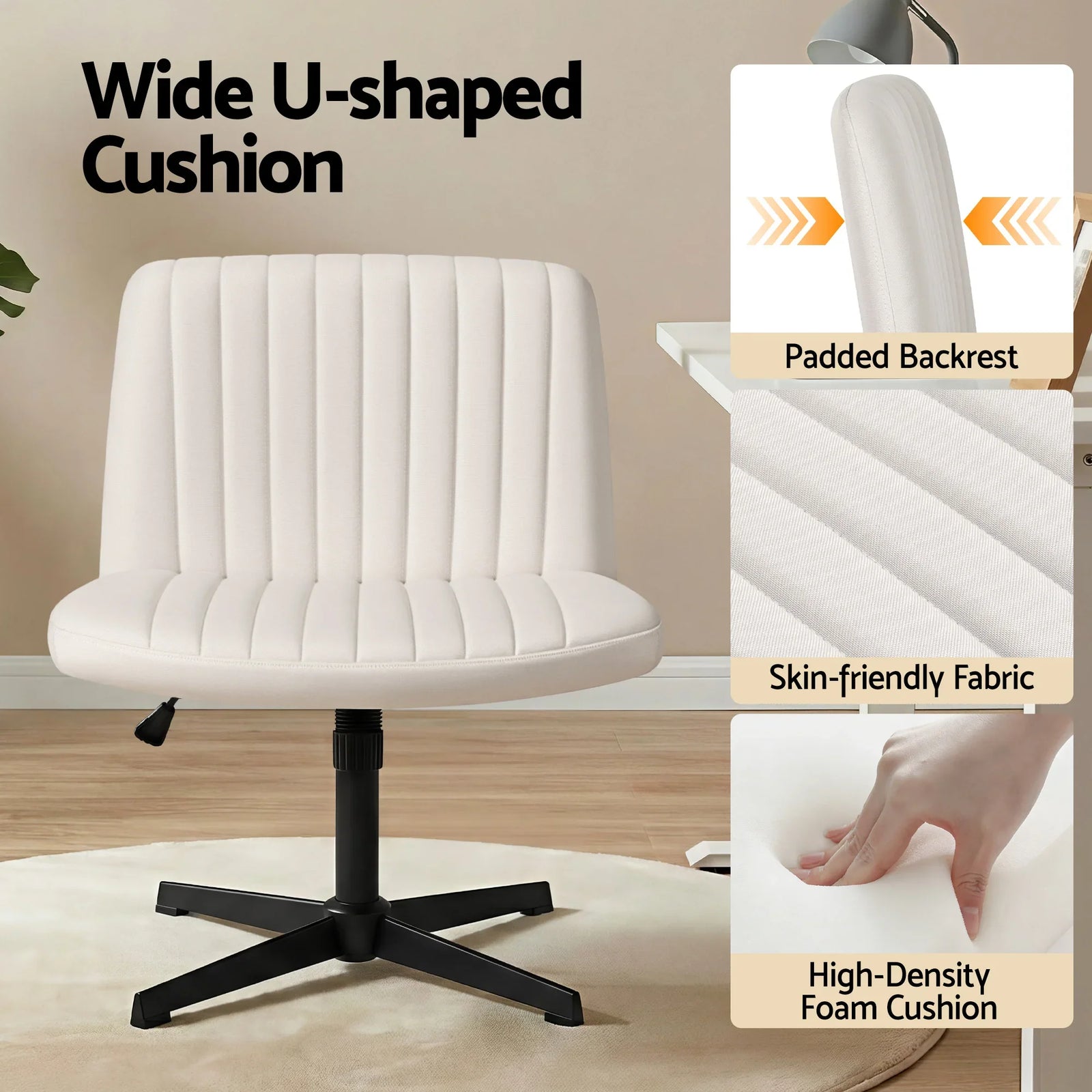 Criss Cross Chair No Wheels Fabric Wide Cross Legged Office Desk Vanity Chair Armless, Height Adjustable, Swivel Home Office Chair for Home Computer Task, Beige