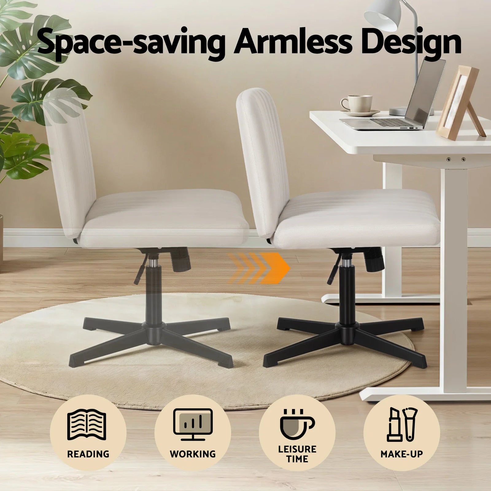 Criss Cross Chair No Wheels Fabric Wide Cross Legged Office Desk Vanity Chair Armless, Height Adjustable, Swivel Home Office Chair for Home Computer Task, Beige