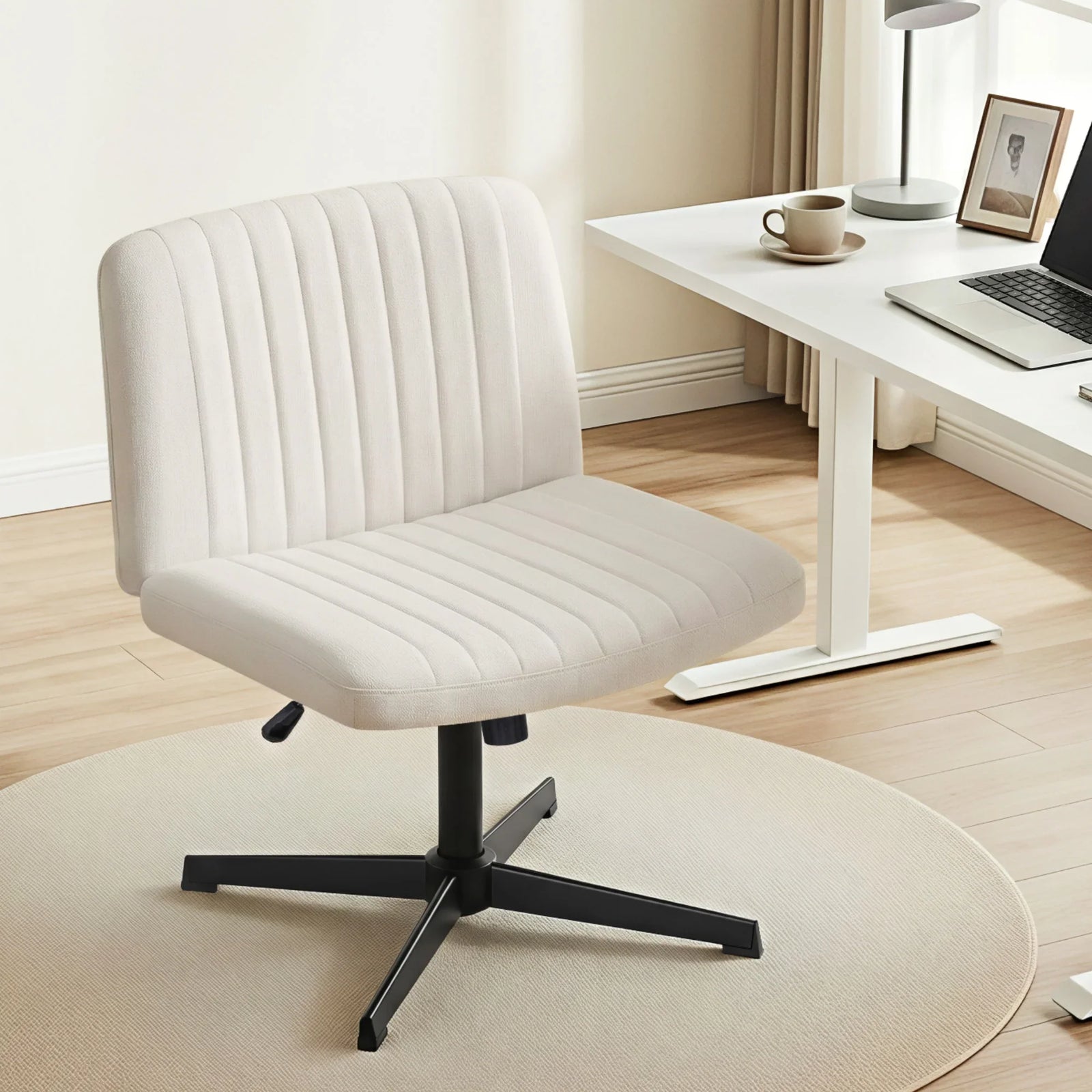 Criss Cross Chair No Wheels Fabric Wide Cross Legged Office Desk Vanity Chair Armless, Height Adjustable, Swivel Home Office Chair for Home Computer Task, Beige