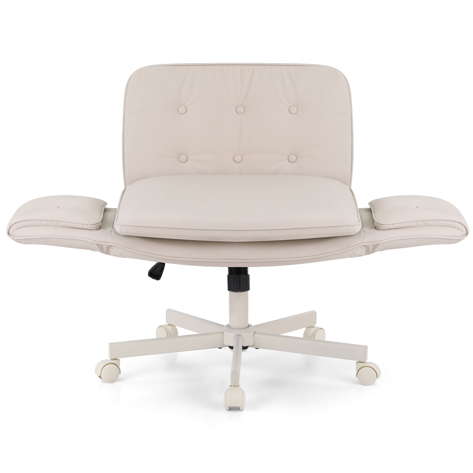 Criss Cross Chair with Wheels & Adjustable Armrests, Ergonomic Cross Legged Office Desk Chair PU Leather Vanity Chair Swivel for Home, Make Up, Bedroom, Computer, Beige