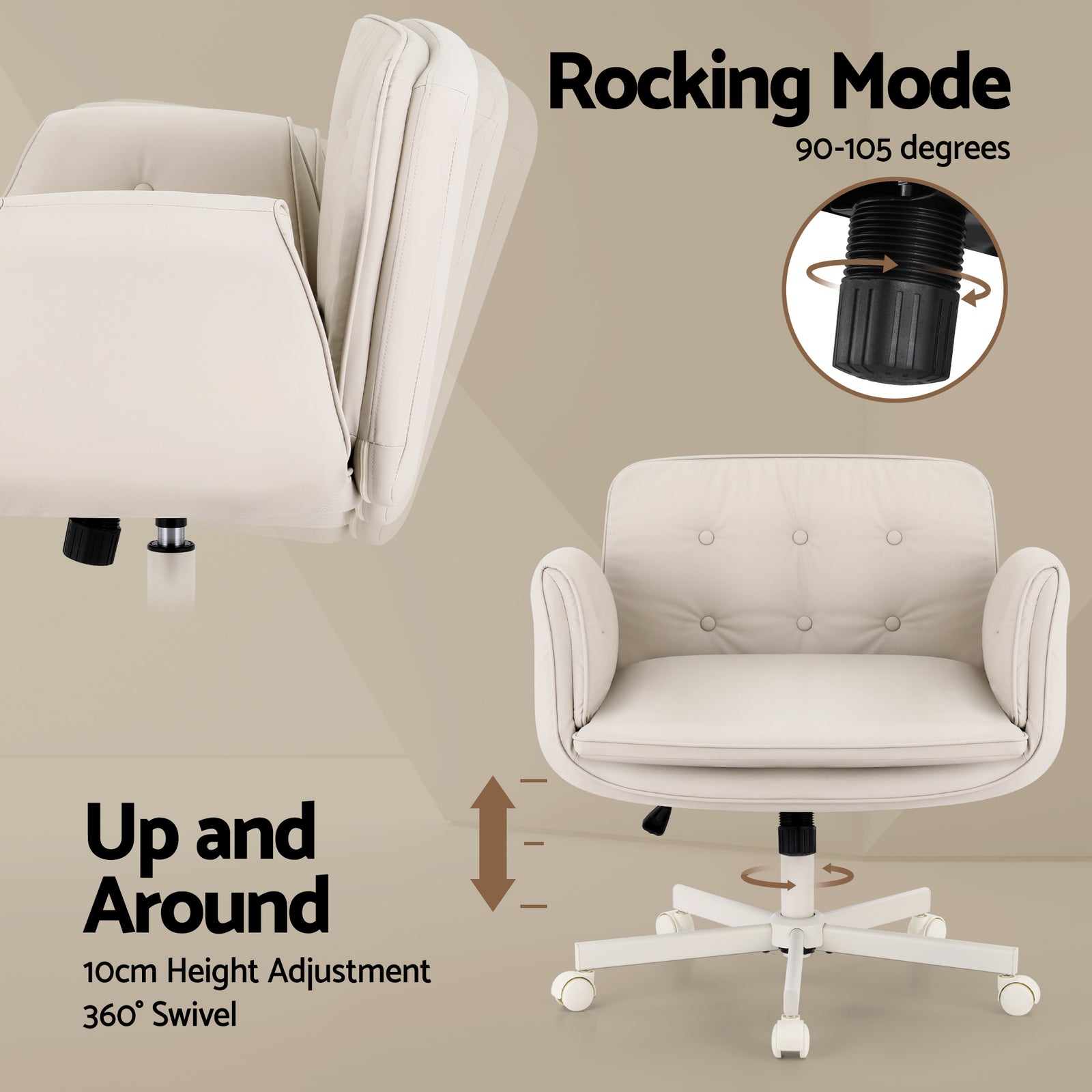 Criss Cross Chair with Wheels & Adjustable Armrests, Ergonomic Cross Legged Office Desk Chair PU Leather Vanity Chair Swivel for Home, Make Up, Bedroom, Computer, Beige