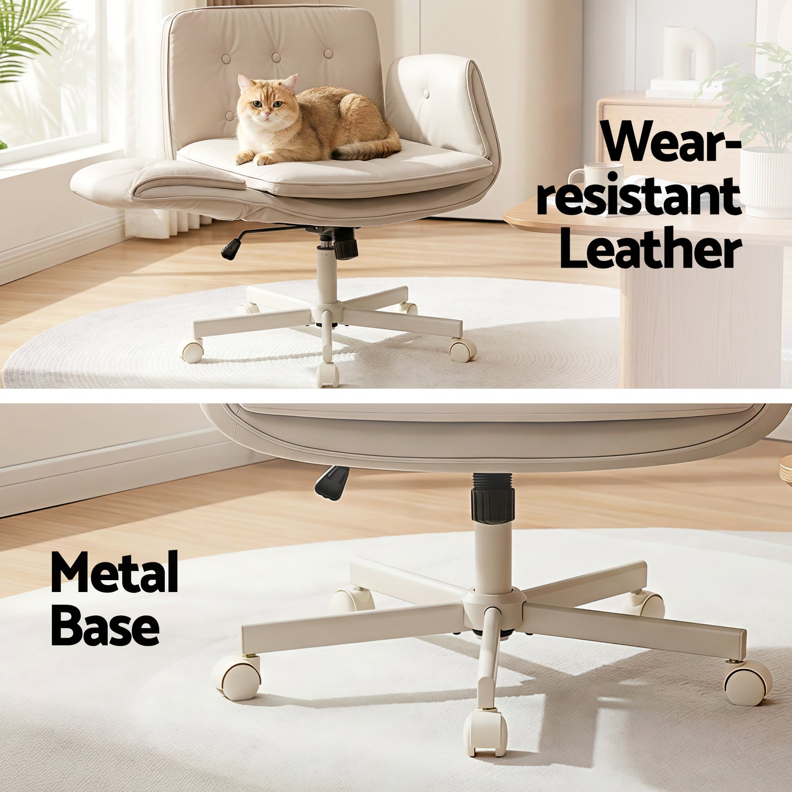 Criss Cross Chair with Wheels & Adjustable Armrests, Ergonomic Cross Legged Office Desk Chair PU Leather Vanity Chair Swivel for Home, Make Up, Bedroom, Computer, Beige