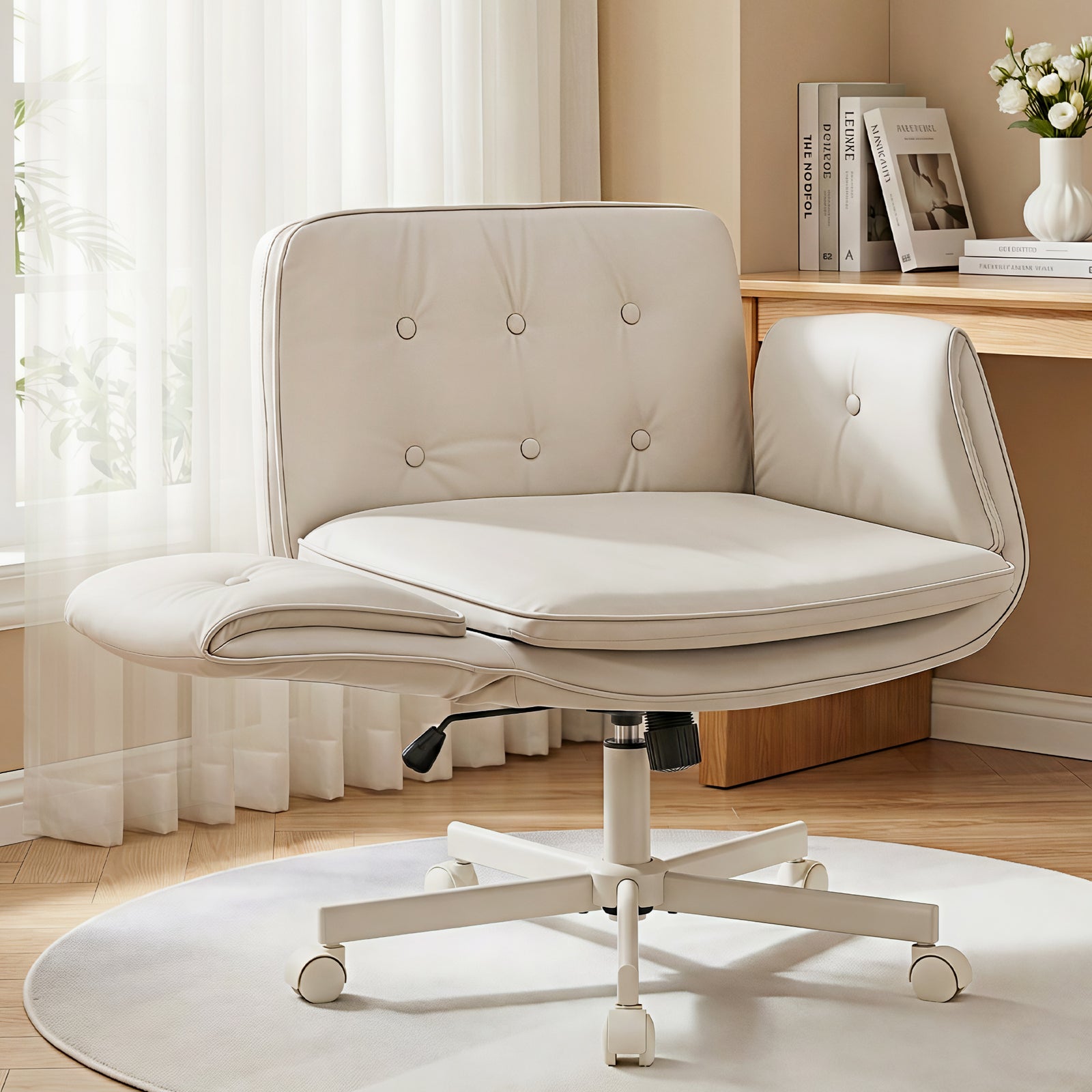 Criss Cross Chair with Wheels & Adjustable Armrests, Ergonomic Cross Legged Office Desk Chair PU Leather Vanity Chair Swivel for Home, Make Up, Bedroom, Computer, Beige