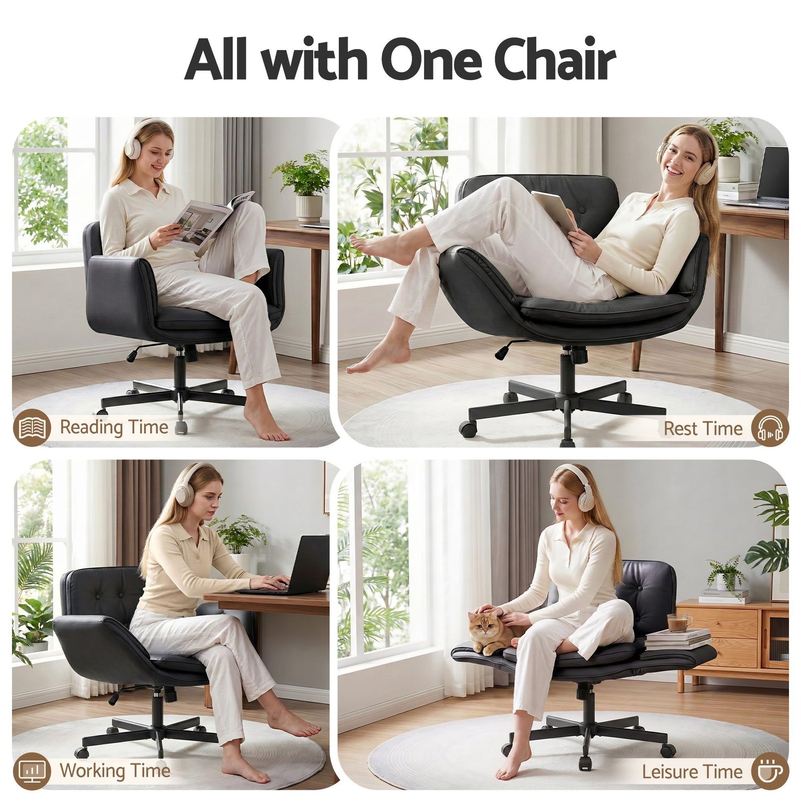 Criss Cross Office Chair – Wide U‑Seat, 6‑Gear Armrests, PU Leather, Black