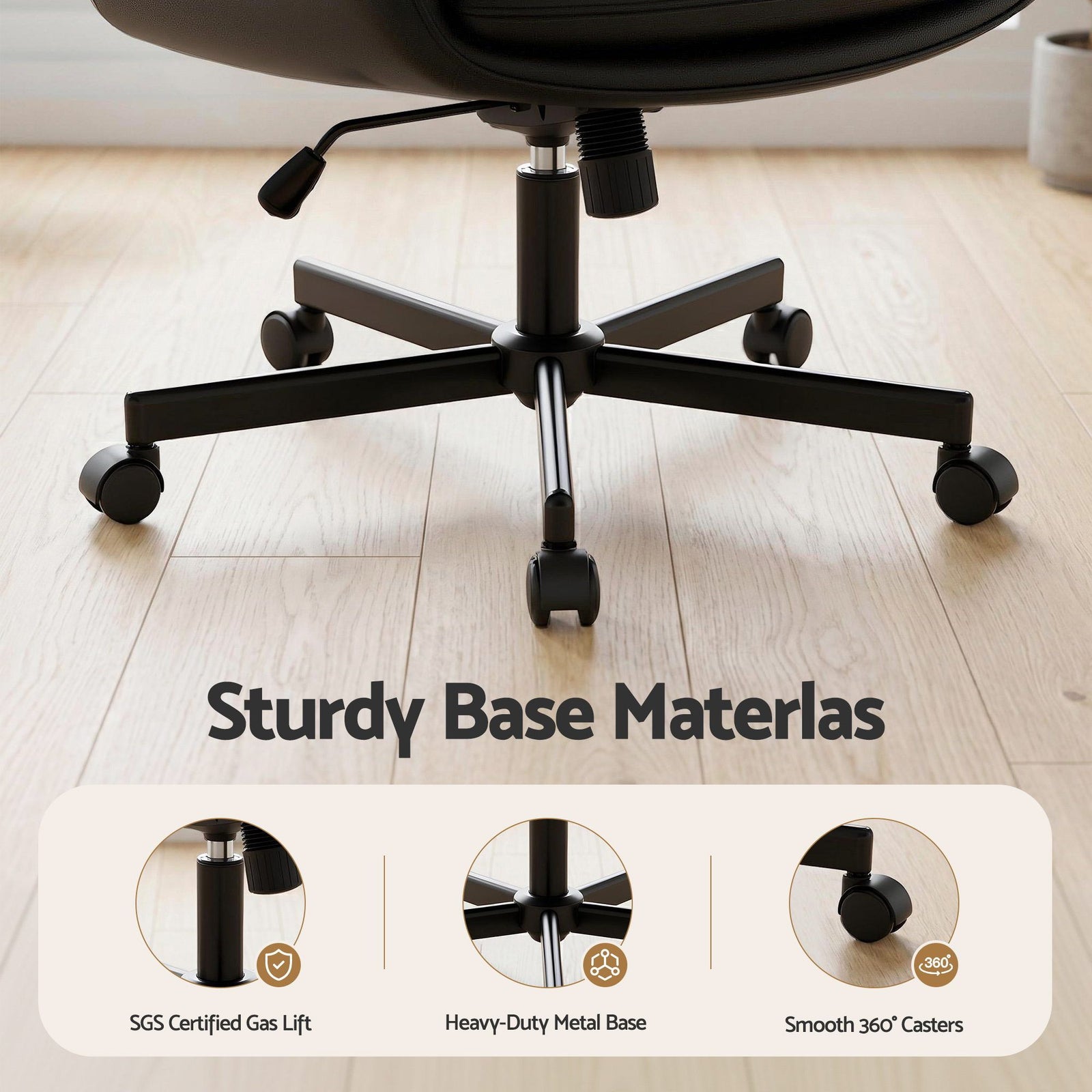 Criss Cross Office Chair – Wide U‑Seat, 6‑Gear Armrests, PU Leather, Black