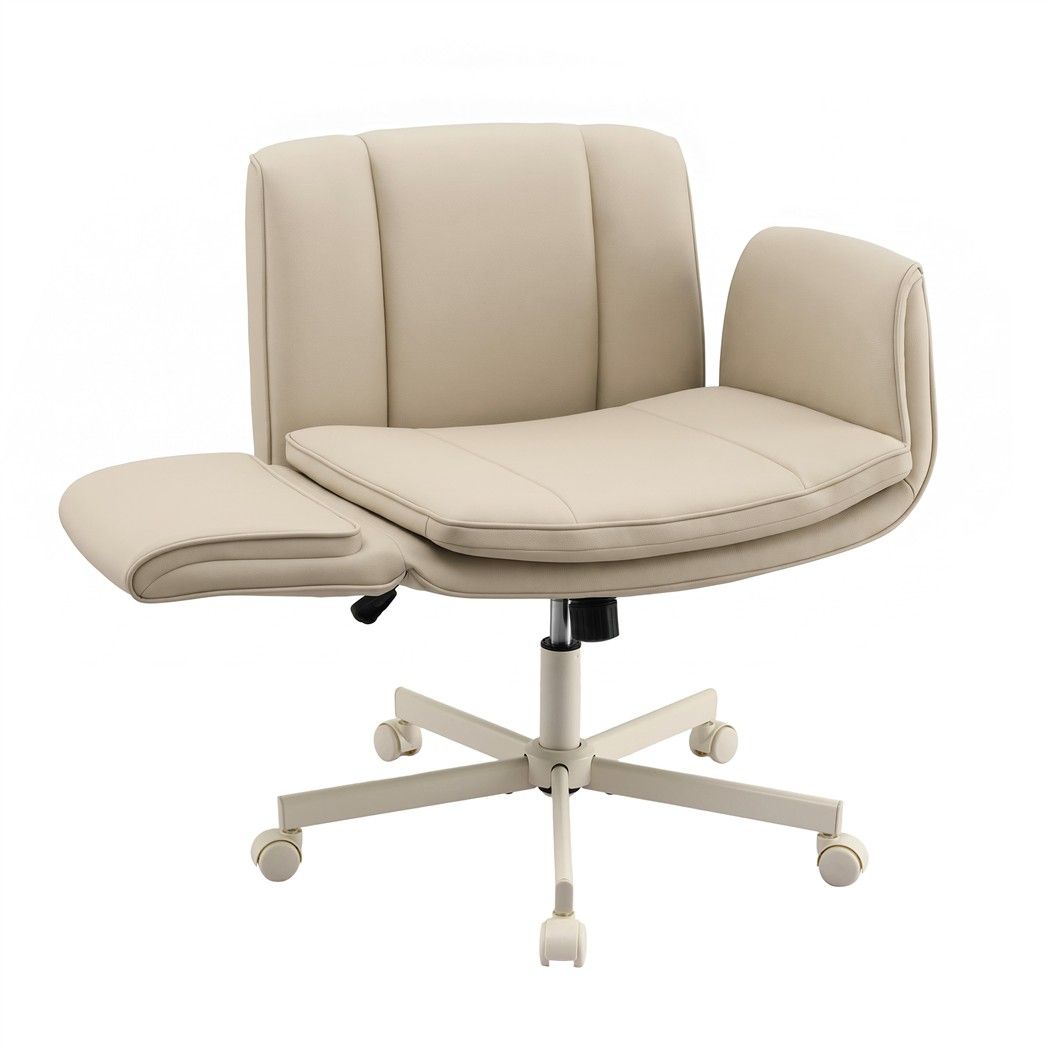 Artiss Cross Legged Office Chair Wide Seat PU Leather Swivel Vanity Chair Beige