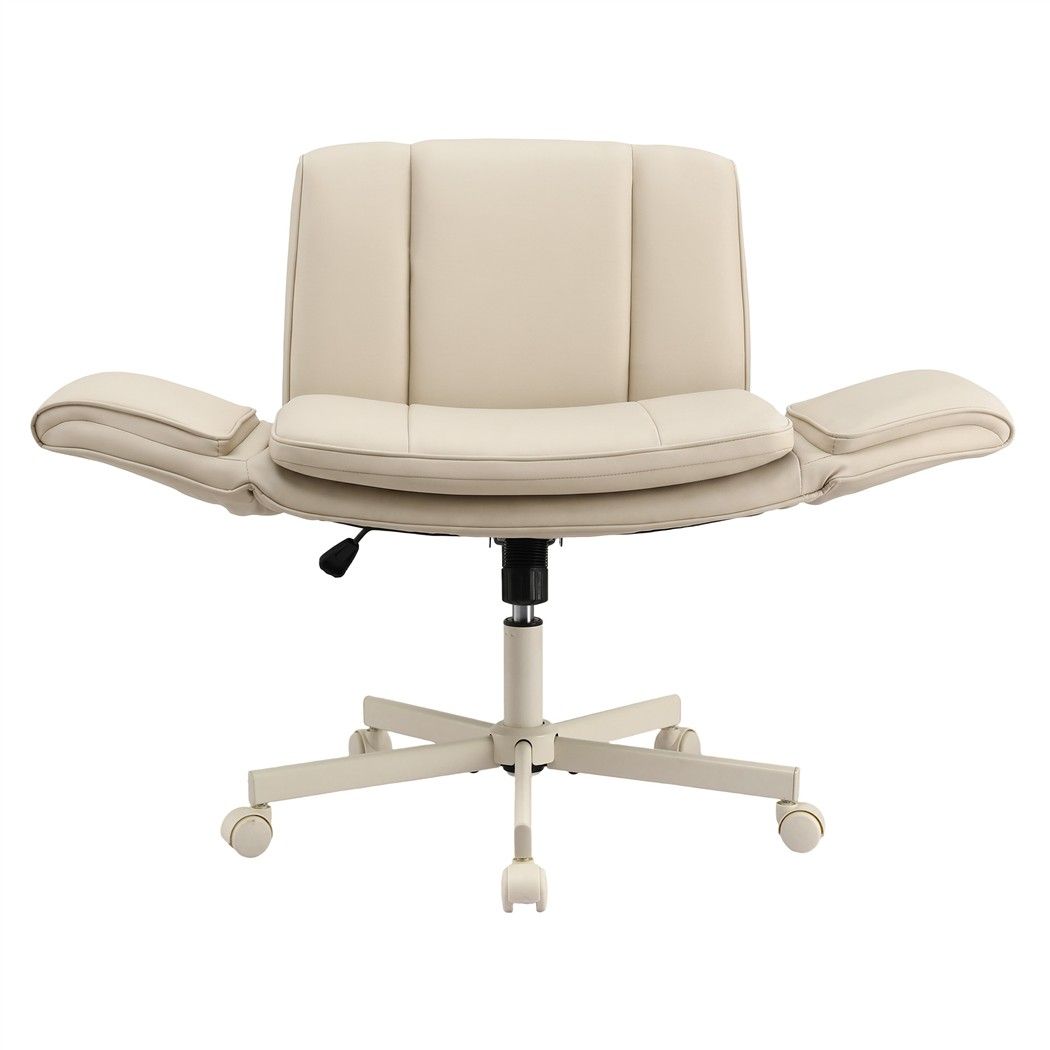 Artiss Cross Legged Office Chair Wide Seat PU Leather Swivel Vanity Chair Beige